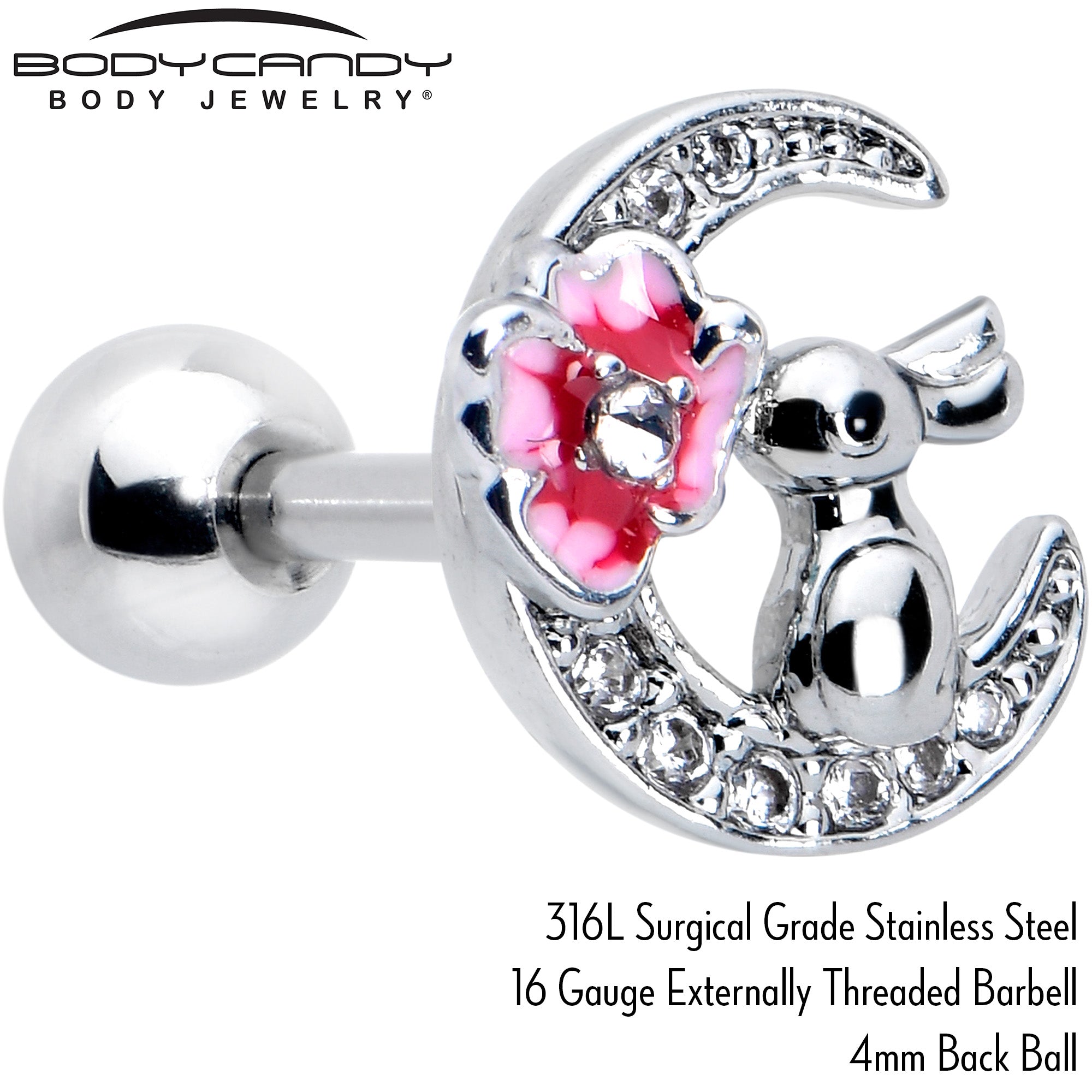 BodyCandy 16G 1/4 Clear CZ Gem Rabbit on the Moon Pink Cartilage Earring — side view
