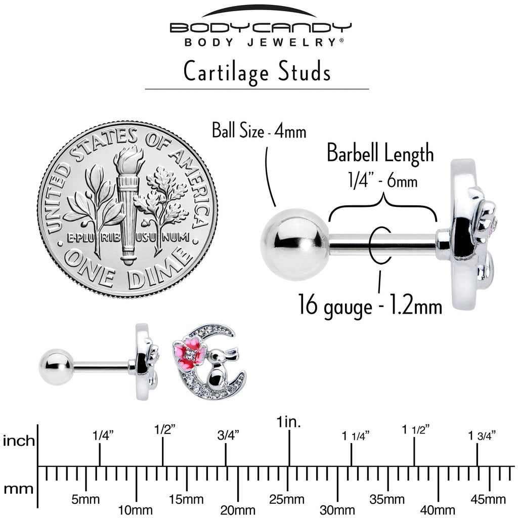 BodyCandy 16G 1/4 Clear CZ Gem Rabbit on the Moon Pink Cartilage Earring — back view