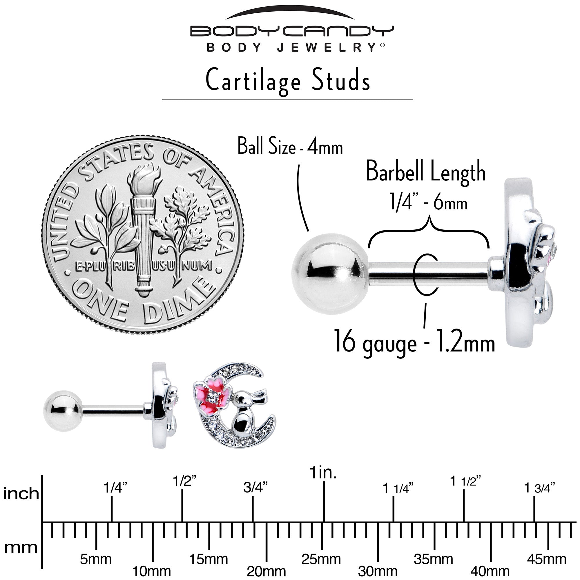 BodyCandy 16G 1/4 Clear CZ Gem Rabbit on the Moon Pink Cartilage Earring — back view