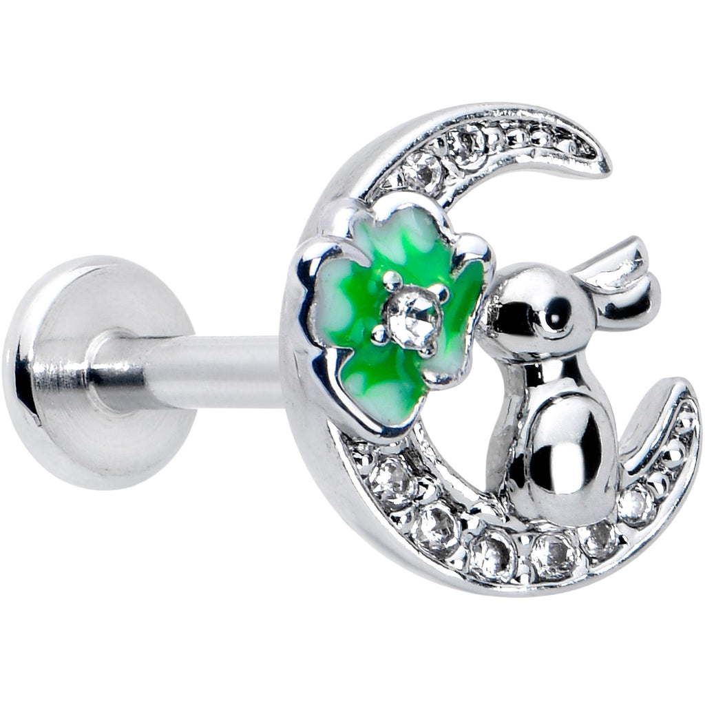 BodyCandy 16G 5/16 Clear CZ Gem Rabbit on Moon Green Internally Threaded Labret — main product shot
