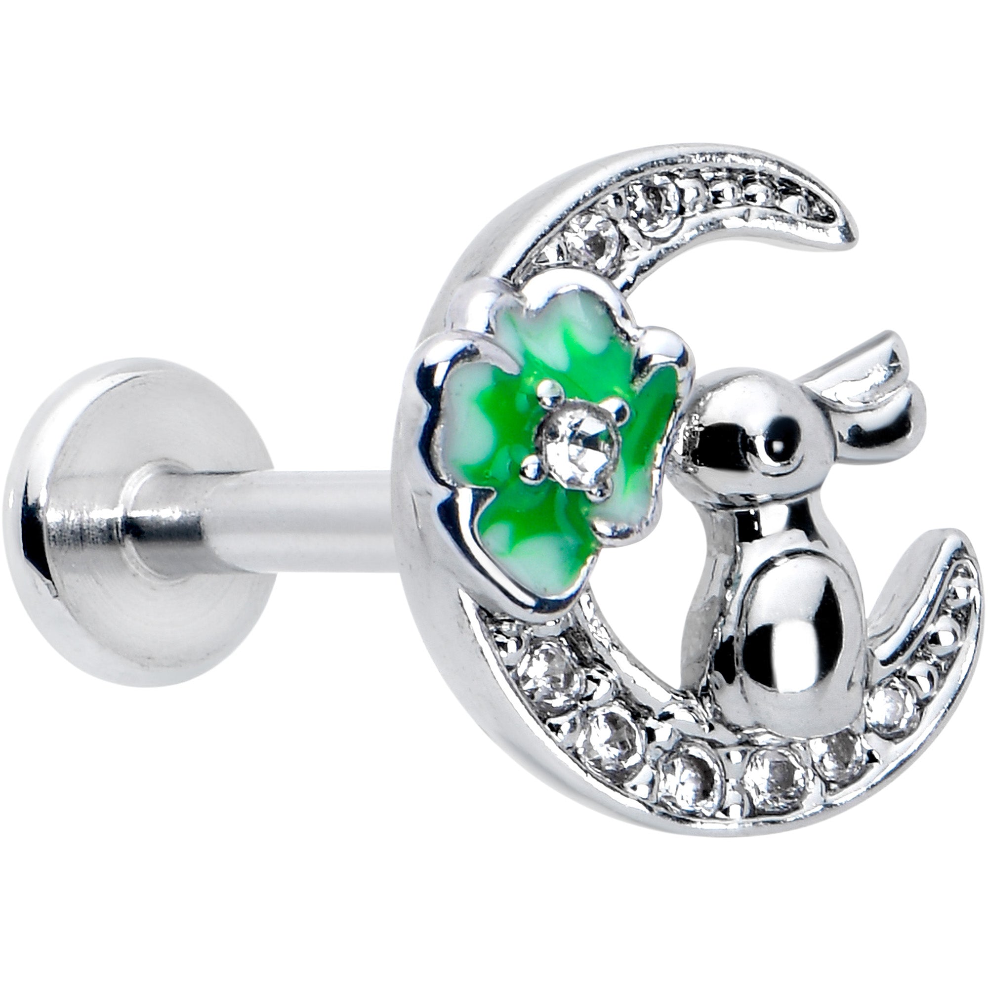 BodyCandy 16G 5/16 Clear CZ Gem Rabbit on Moon Green Internally Threaded Labret — main product shot