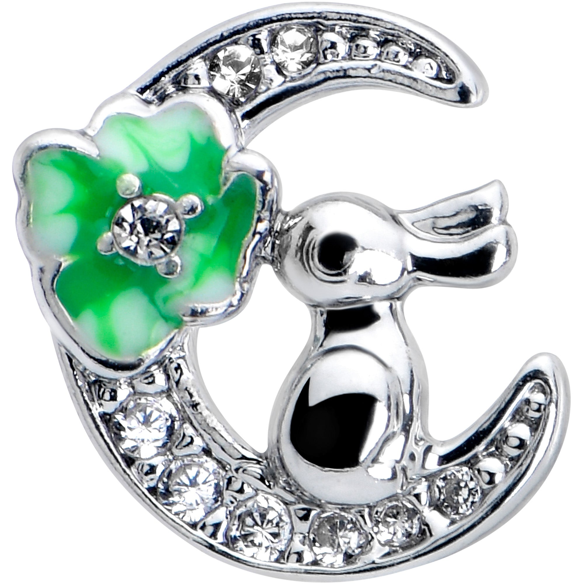 BodyCandy 16G 5/16 Clear CZ Gem Rabbit on Moon Green Internally Threaded Labret — detail close-up