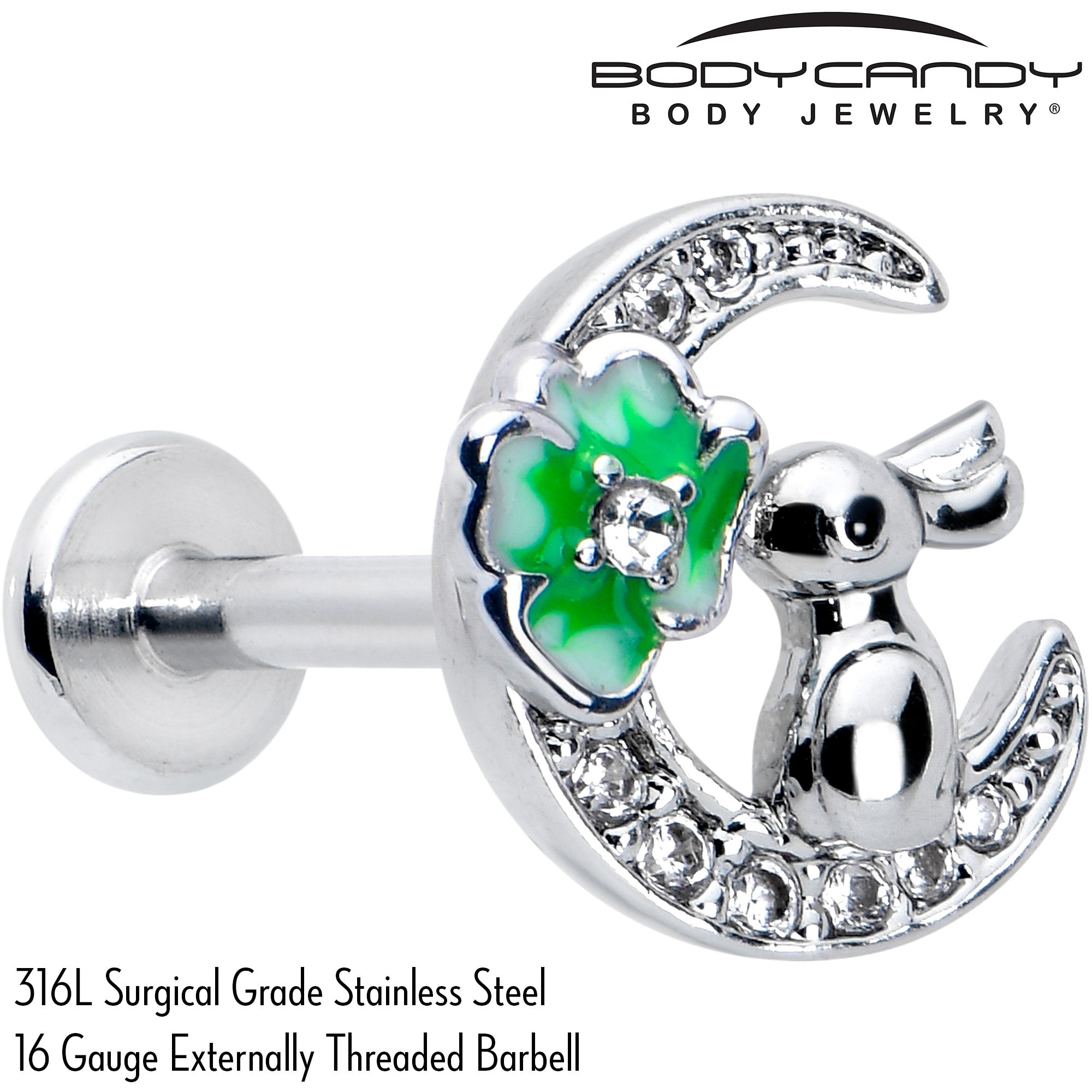BodyCandy 16G 5/16 Clear CZ Gem Rabbit on Moon Green Internally Threaded Labret — side view