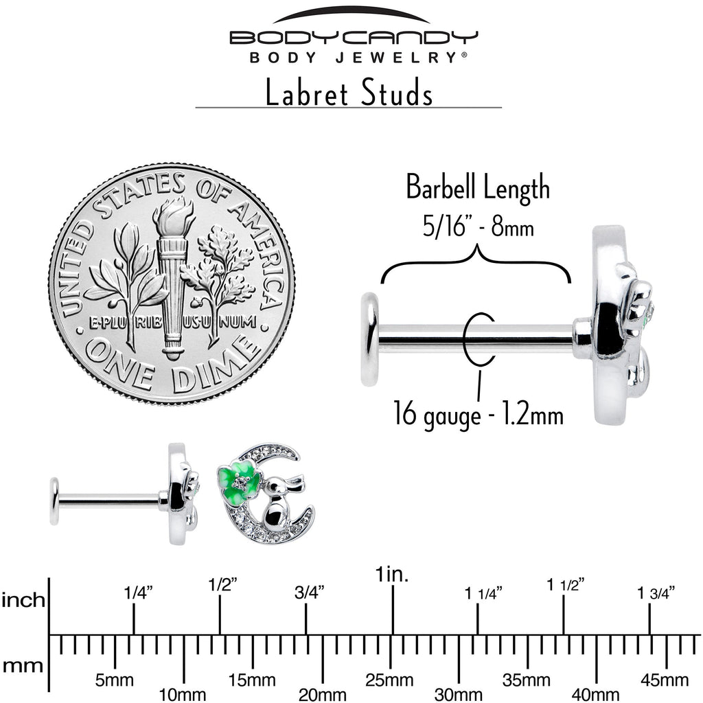 BodyCandy 16G 5/16 Clear CZ Gem Rabbit on Moon Green Internally Threaded Labret — back view
