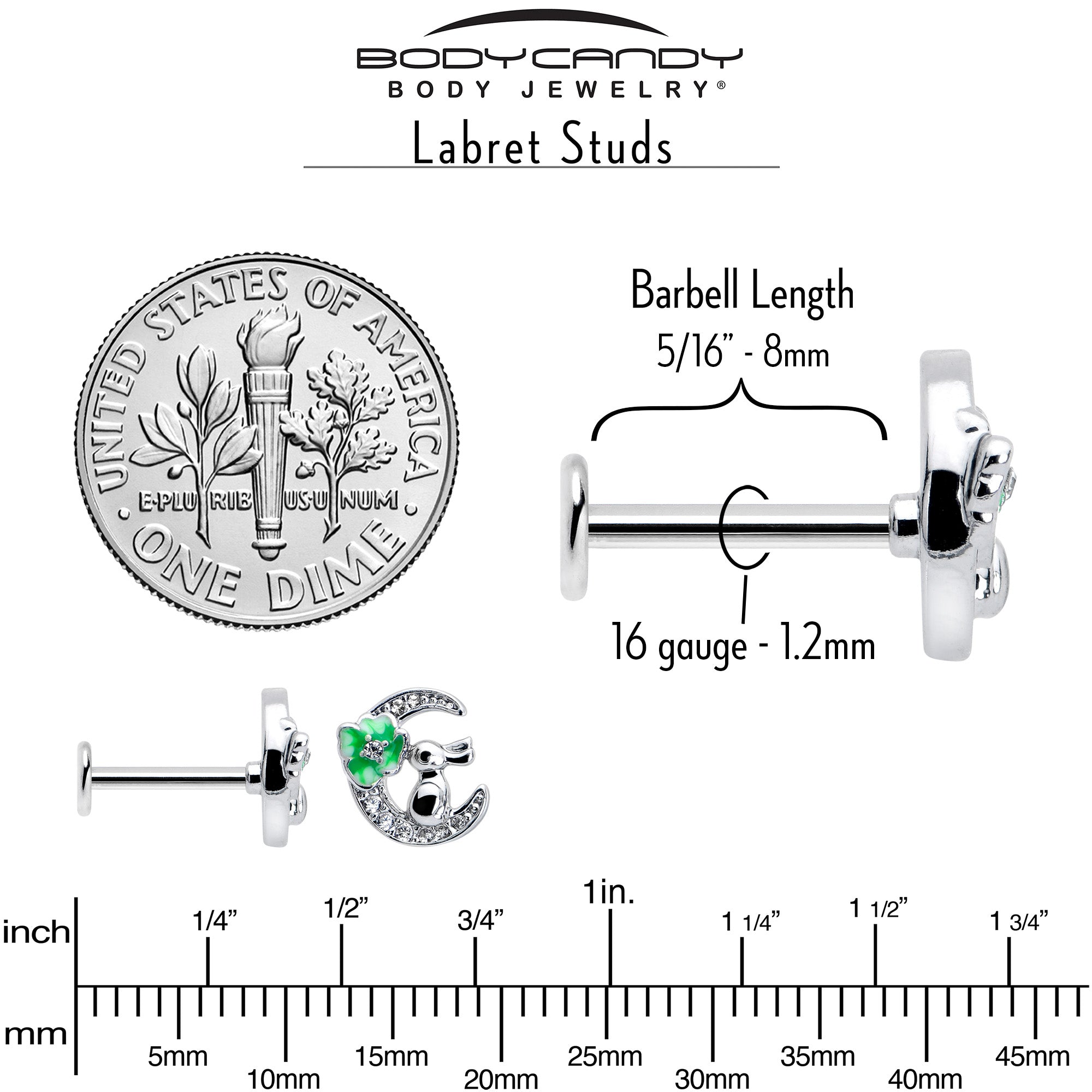 BodyCandy 16G 5/16 Clear CZ Gem Rabbit on Moon Green Internally Threaded Labret — back view