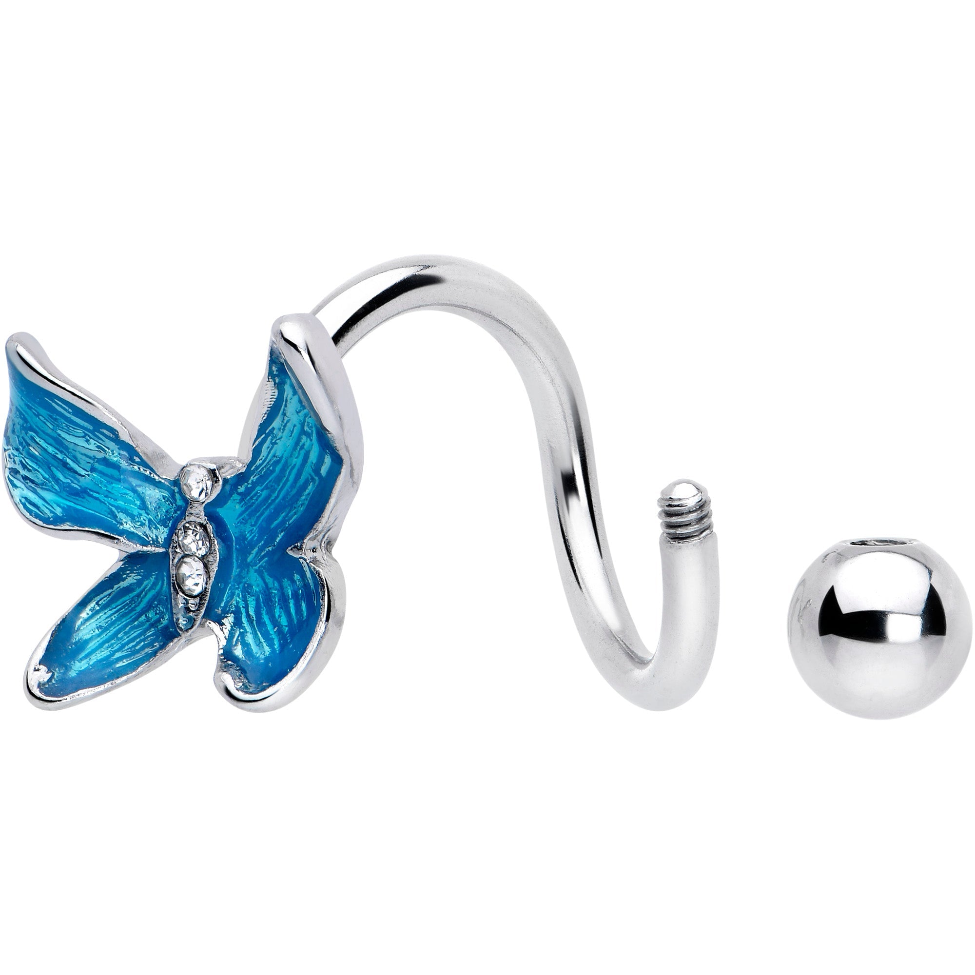 BodyCandy Clear Gem Chunky Butterfly Blue Spiral Twister Belly Ring — detail close-up