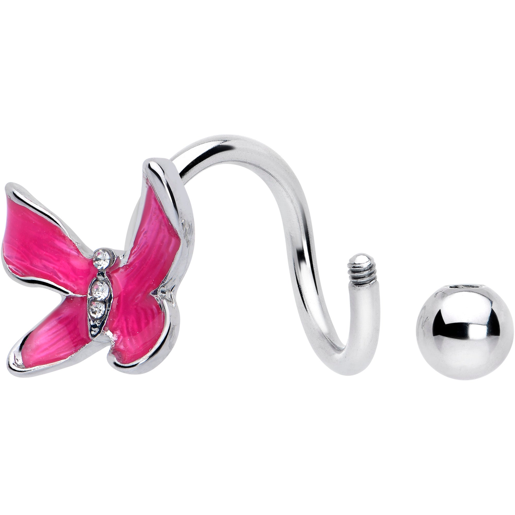 BodyCandy Clear Gem Chunky Butterfly Pink Spiral Twister Belly Ring — detail close-up