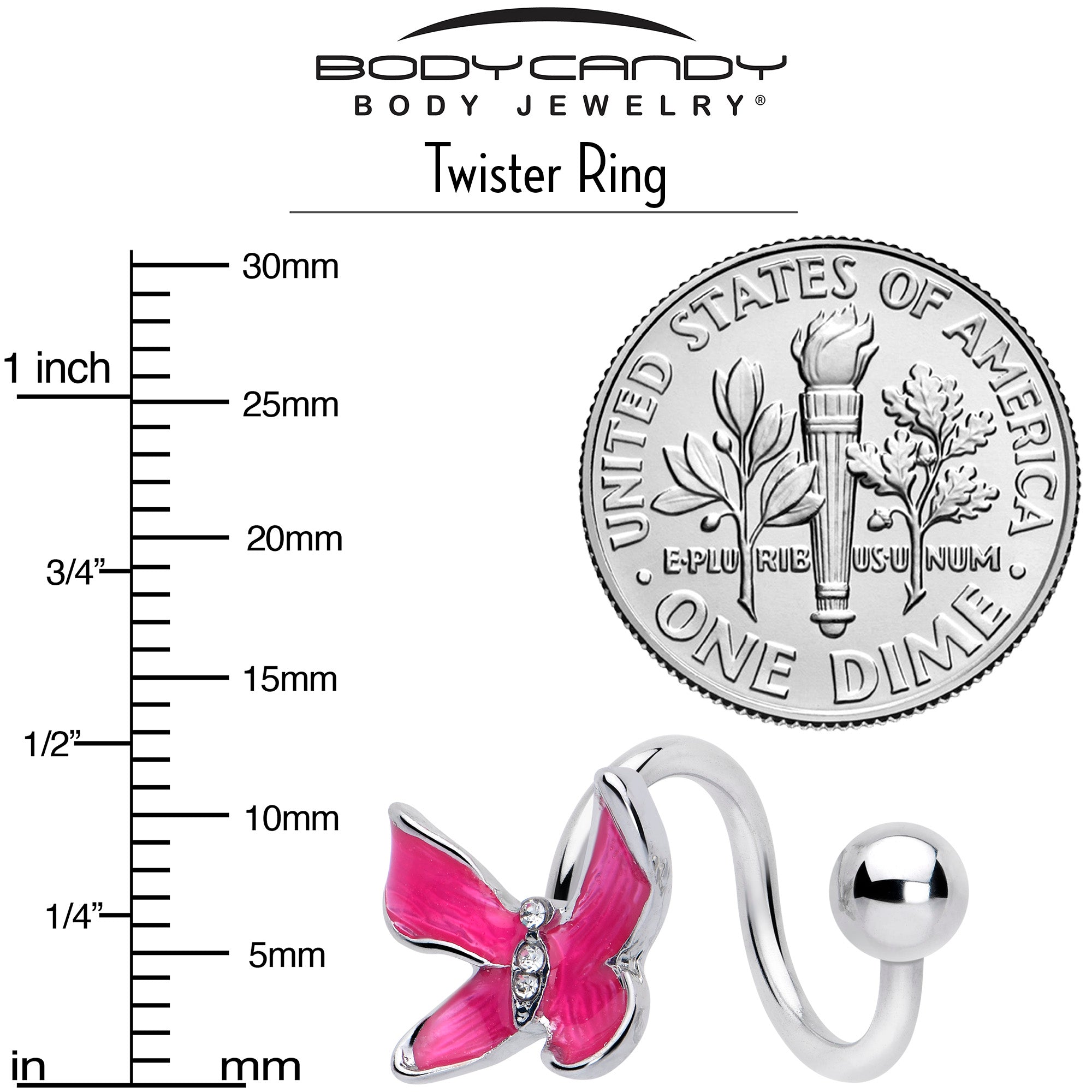 BodyCandy Clear Gem Chunky Butterfly Pink Spiral Twister Belly Ring — side view