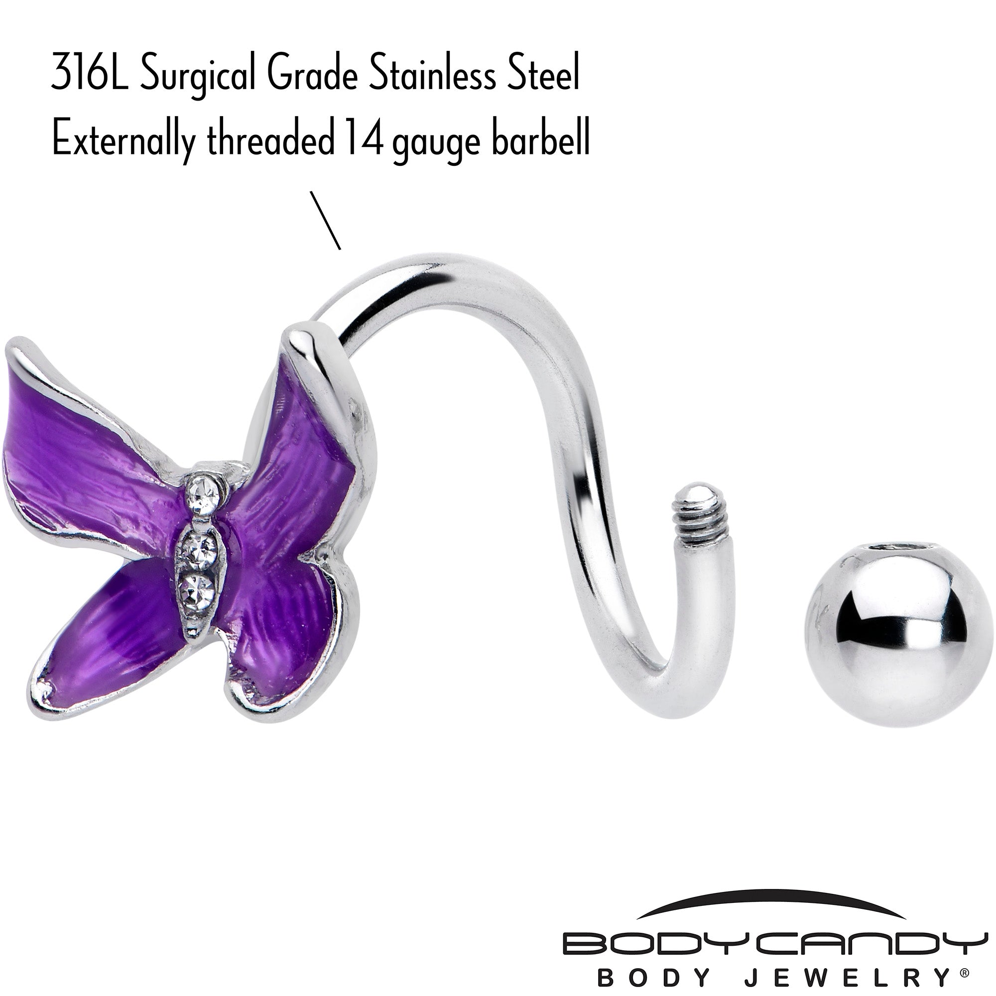 BodyCandy Clear Gem Chunky Butterfly Purple Spiral Twister Belly Ring — lifestyle context