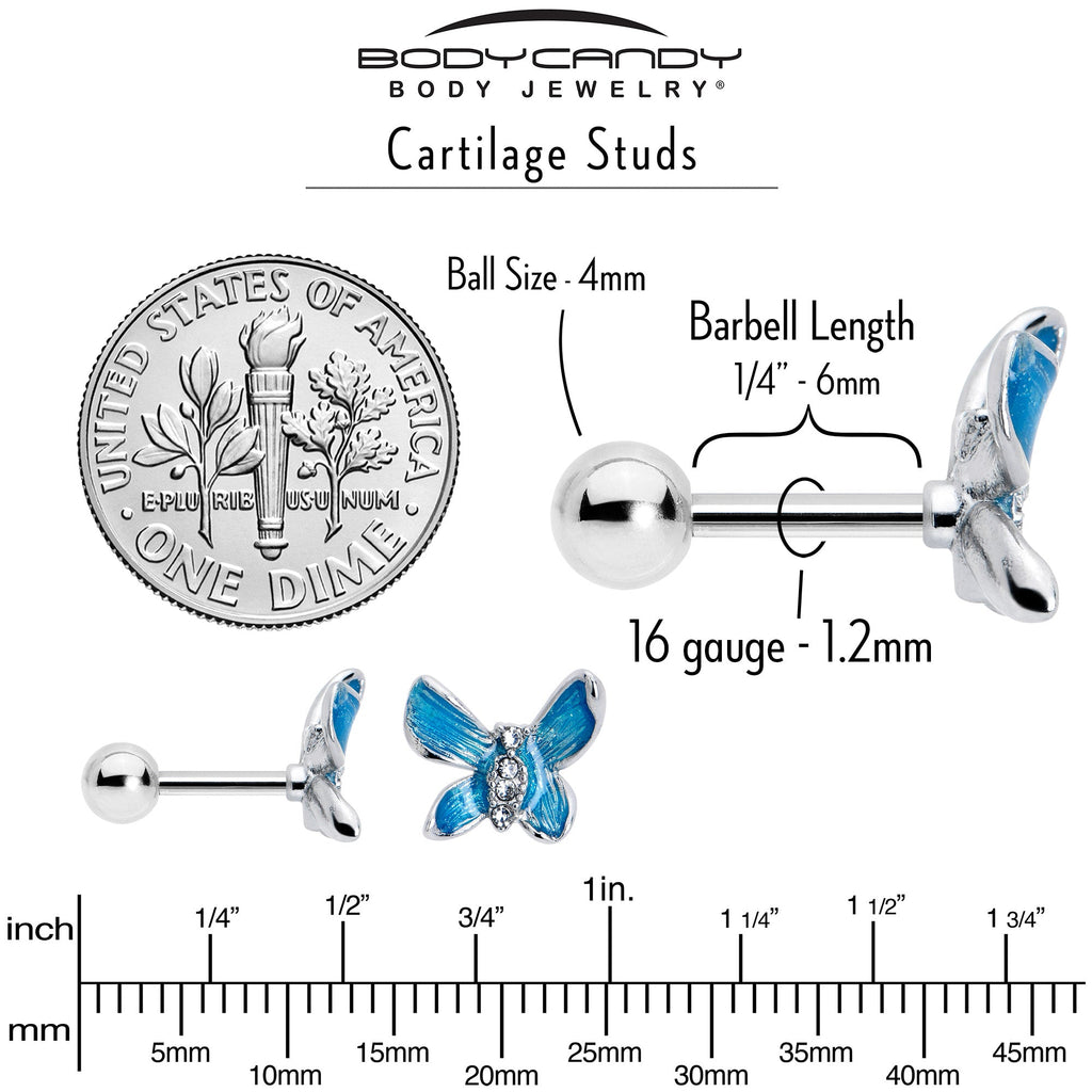 BodyCandy 16G 1/4 Clear Gem Chunky Butterfly Blue Cartilage Tragus Earring — back view
