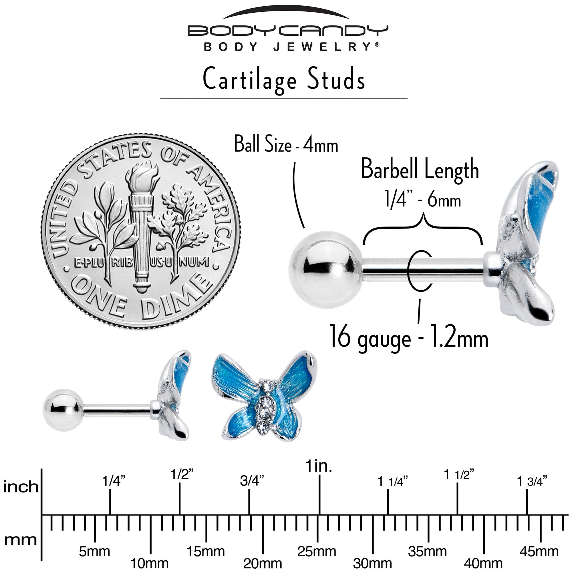 BodyCandy 16G 1/4 Clear Gem Chunky Butterfly Blue Cartilage Tragus Earring — back view