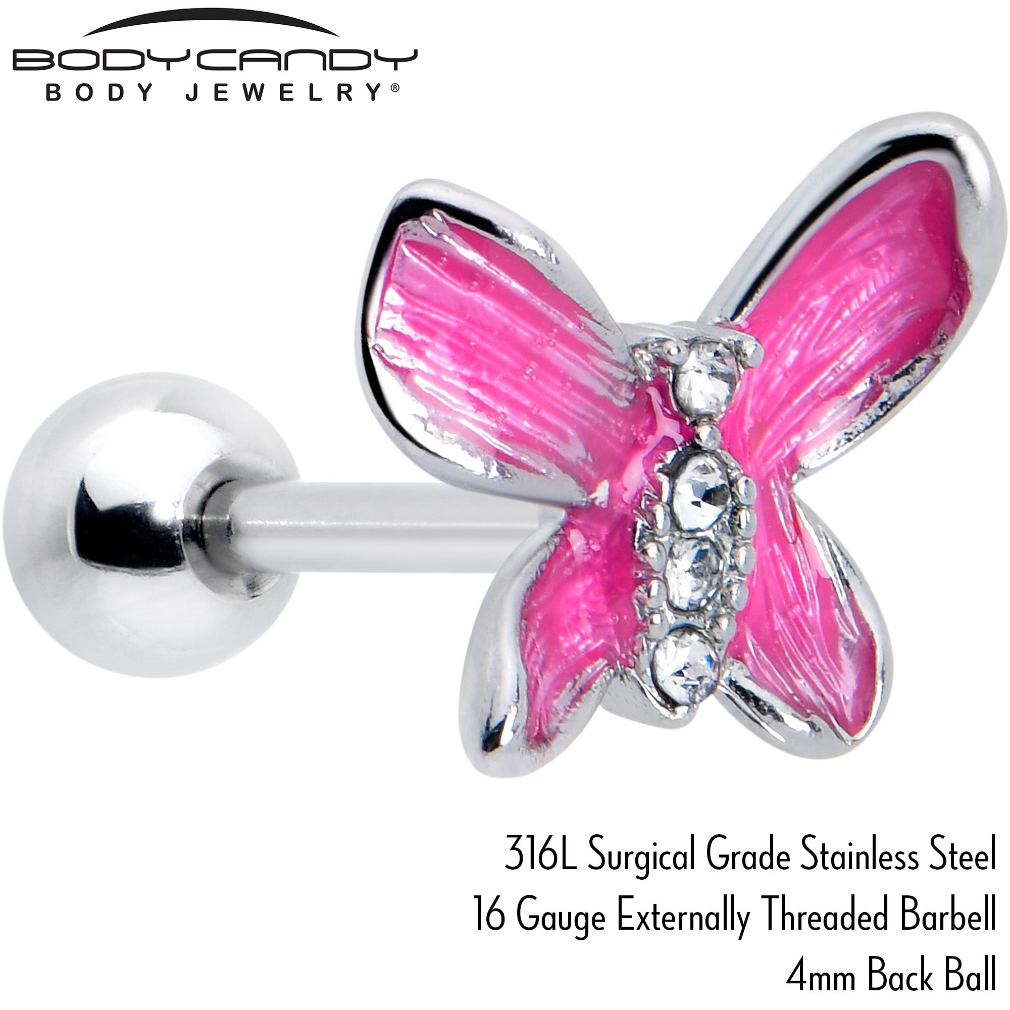 BodyCandy 16G 1/4 Clear Gem Chunky Butterfly Pink Cartilage Tragus Earring — side view