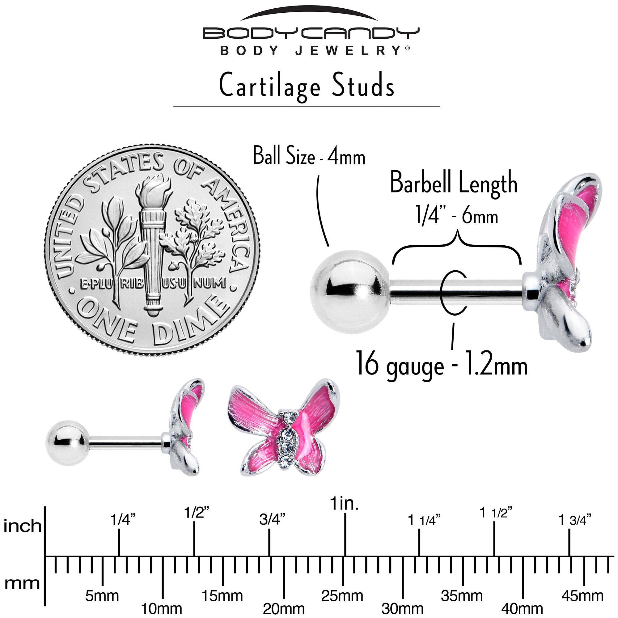 BodyCandy 16G 1/4 Clear Gem Chunky Butterfly Pink Cartilage Tragus Earring — back view