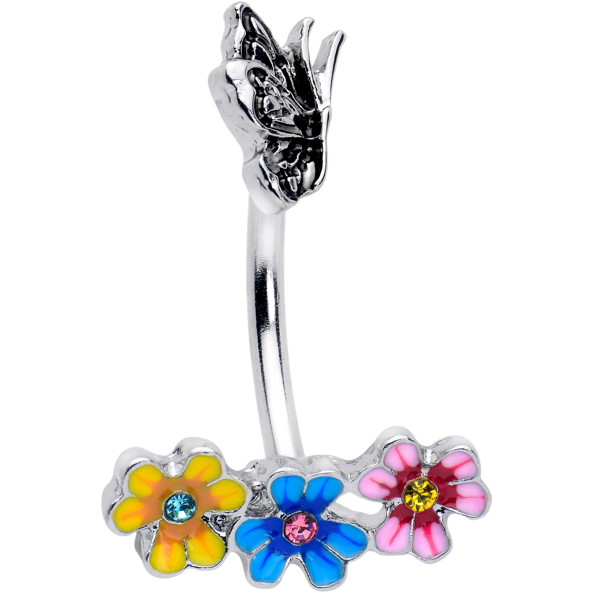 BodyCandy Blue Pink Gem Flower Garden Butterfly Double Mount Belly Ring — main product shot