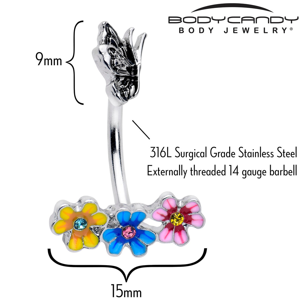 BodyCandy Blue Pink Gem Flower Garden Butterfly Double Mount Belly Ring — detail close-up