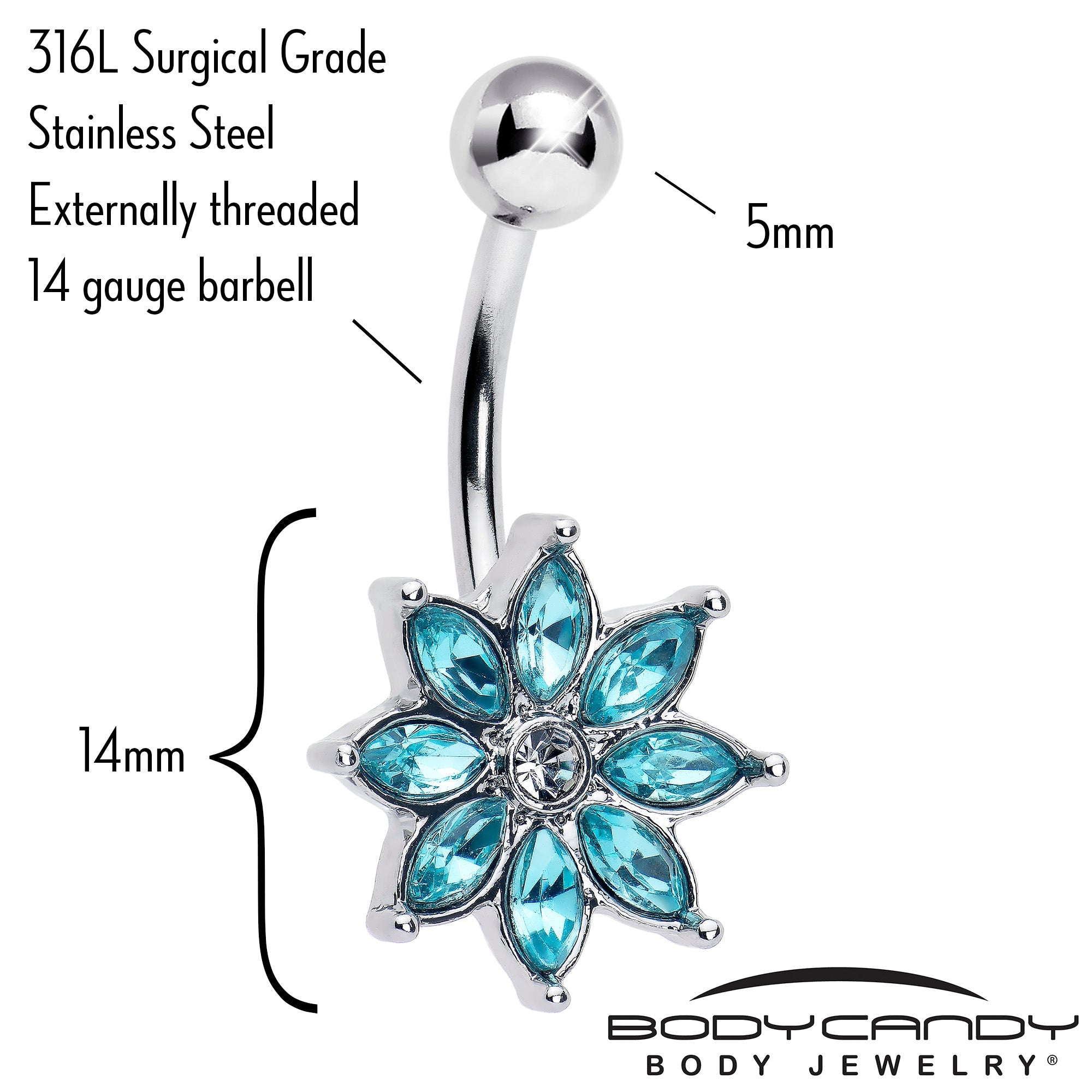 BodyCandy Blue Gem Flower Elegance Bloom Belly Ring — detail close-up