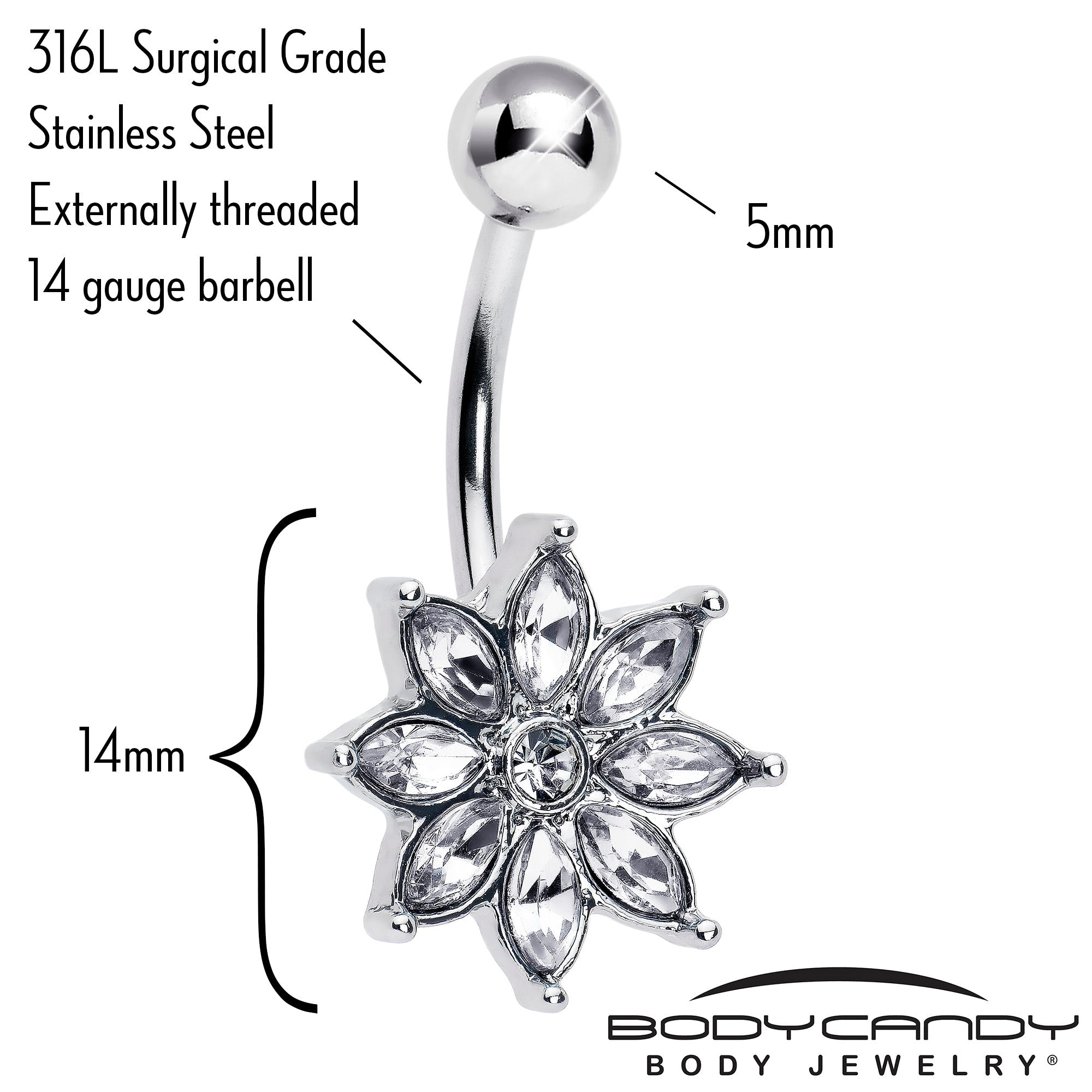 BodyCandy Clear Gem Flower Elegance Bloom Belly Ring — detail close-up