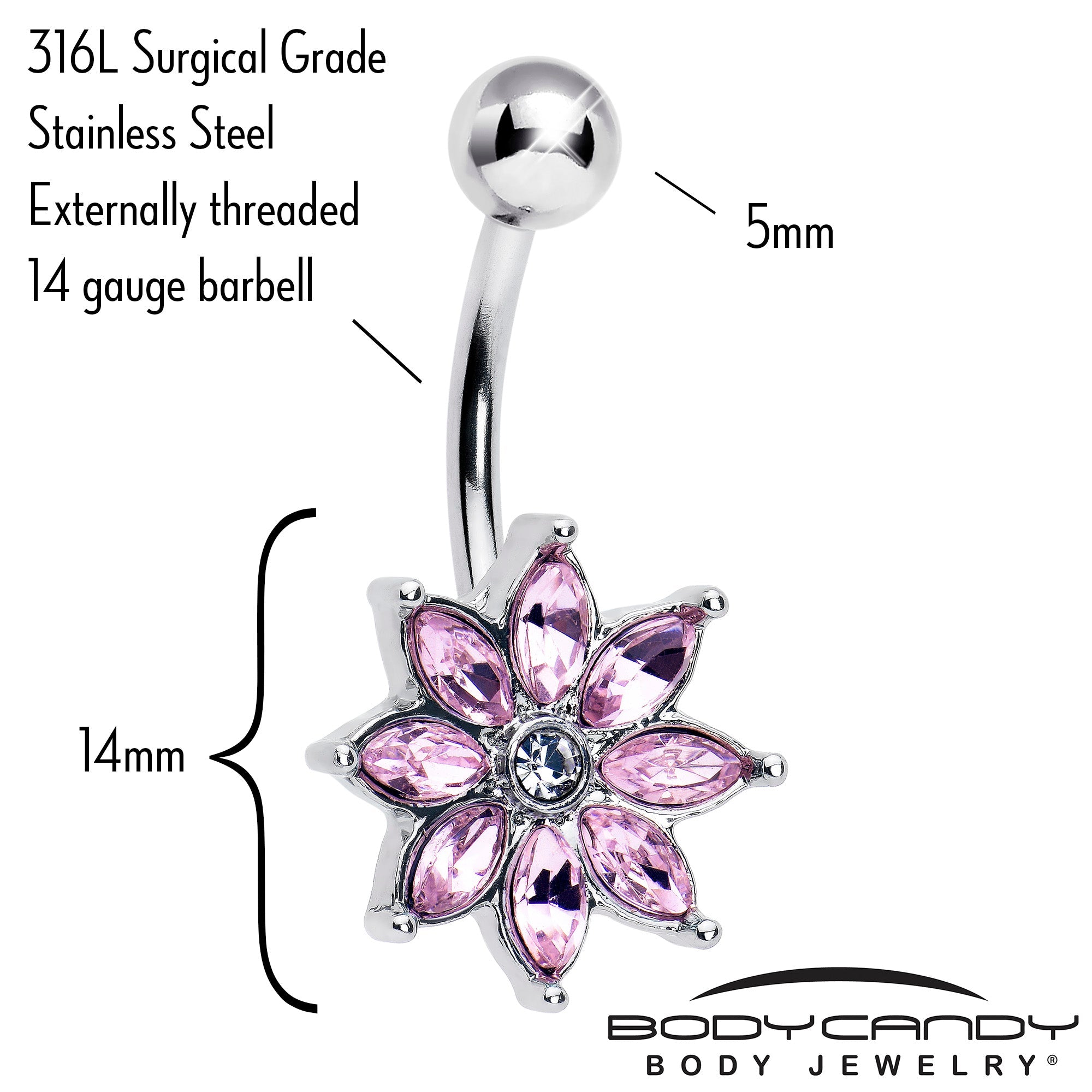 BodyCandy Pink Gem Flower Elegance Bloom Belly Ring — detail close-up