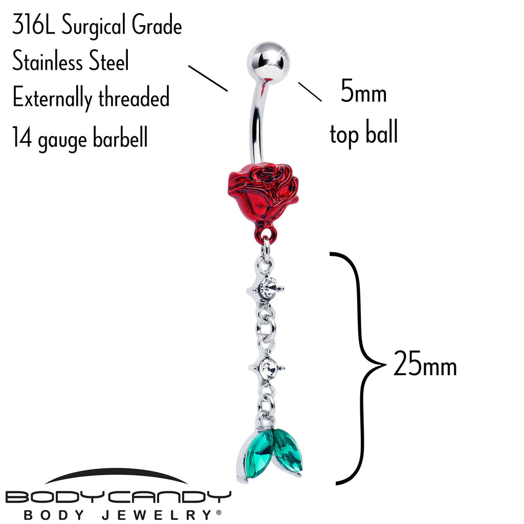 BodyCandy Green Clear Gem Rose Red Chain Dangle Belly Ring — detail close-up