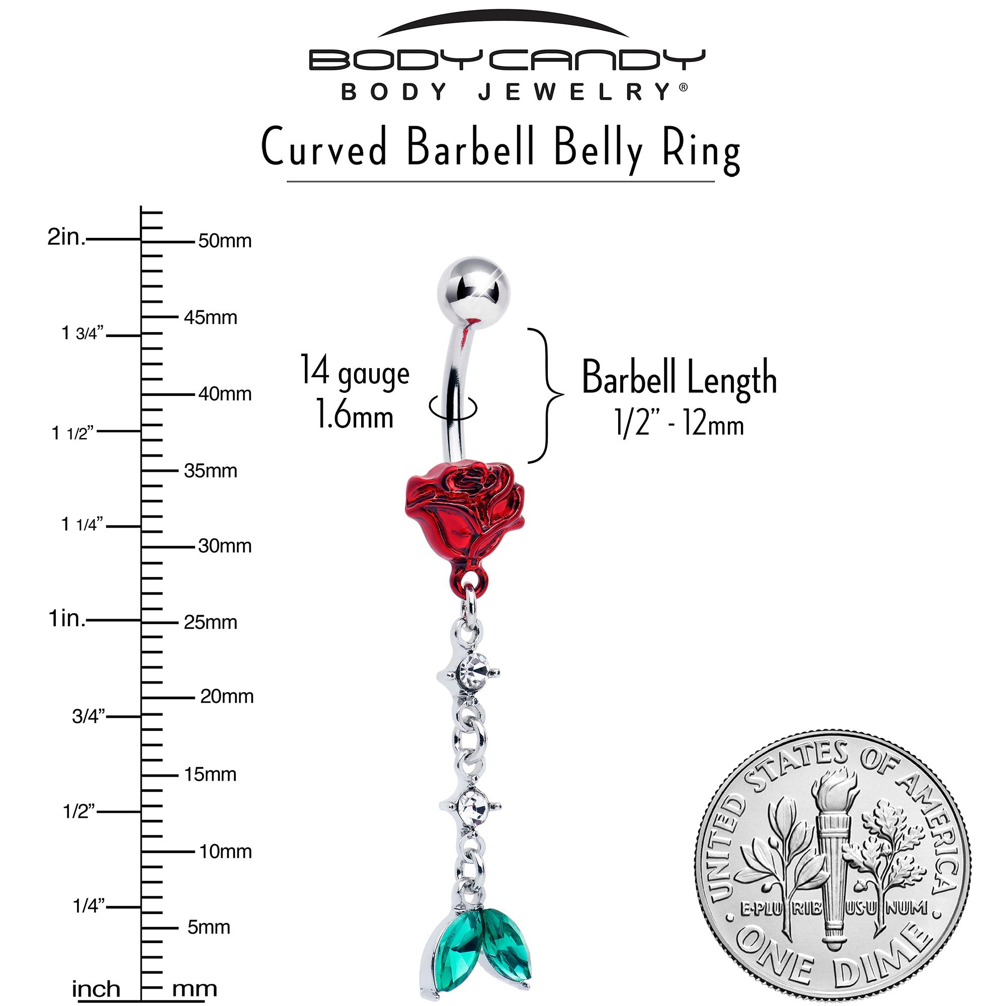 BodyCandy Green Clear Gem Rose Red Chain Dangle Belly Ring — lifestyle context