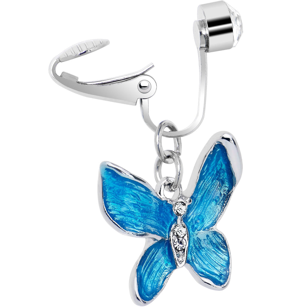 BodyCandy Clear Gem Chunky Butterfly Blue Clip On Fake Belly Ring — detail close-up