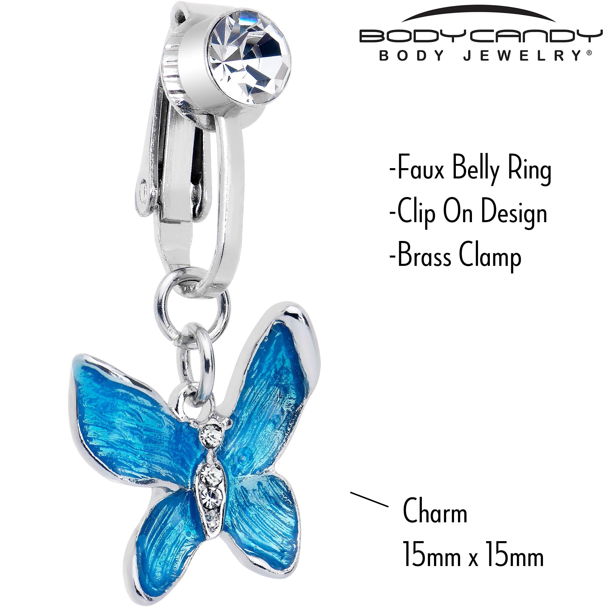 BodyCandy Clear Gem Chunky Butterfly Blue Clip On Fake Belly Ring — lifestyle context