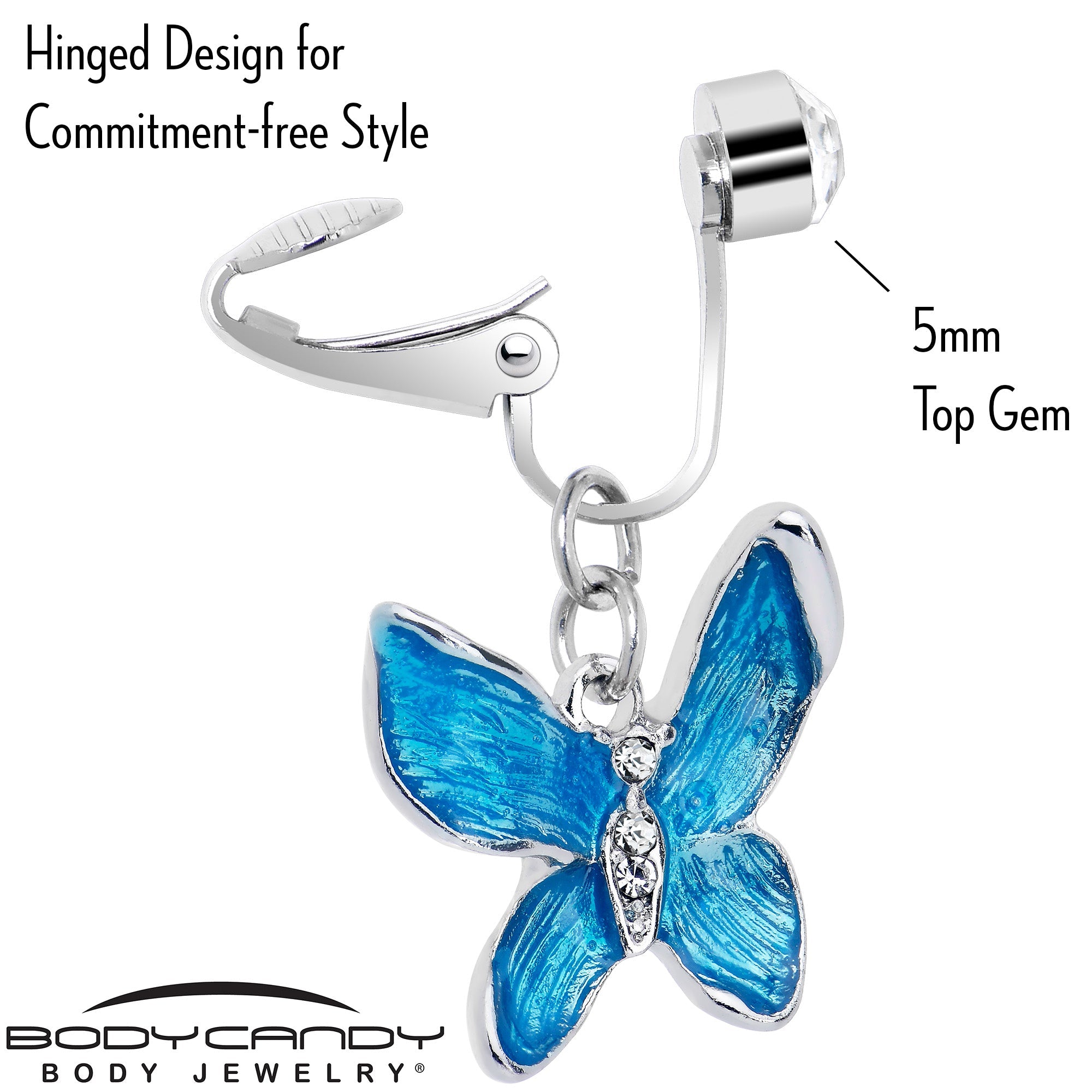 BodyCandy Clear Gem Chunky Butterfly Blue Clip On Fake Belly Ring — side view