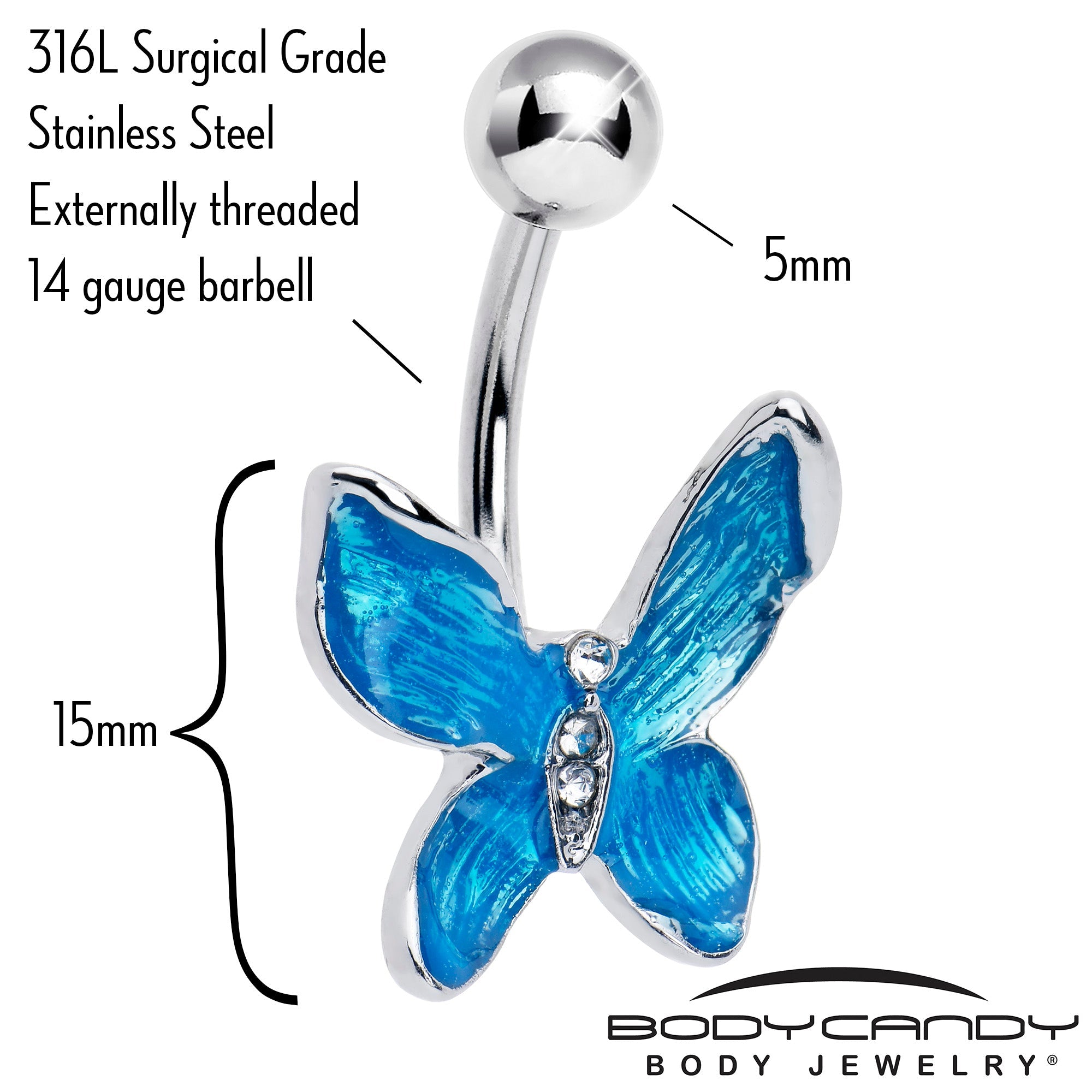 BodyCandy Clear Gem Chunky Butterfly Blue Belly Ring — detail close-up