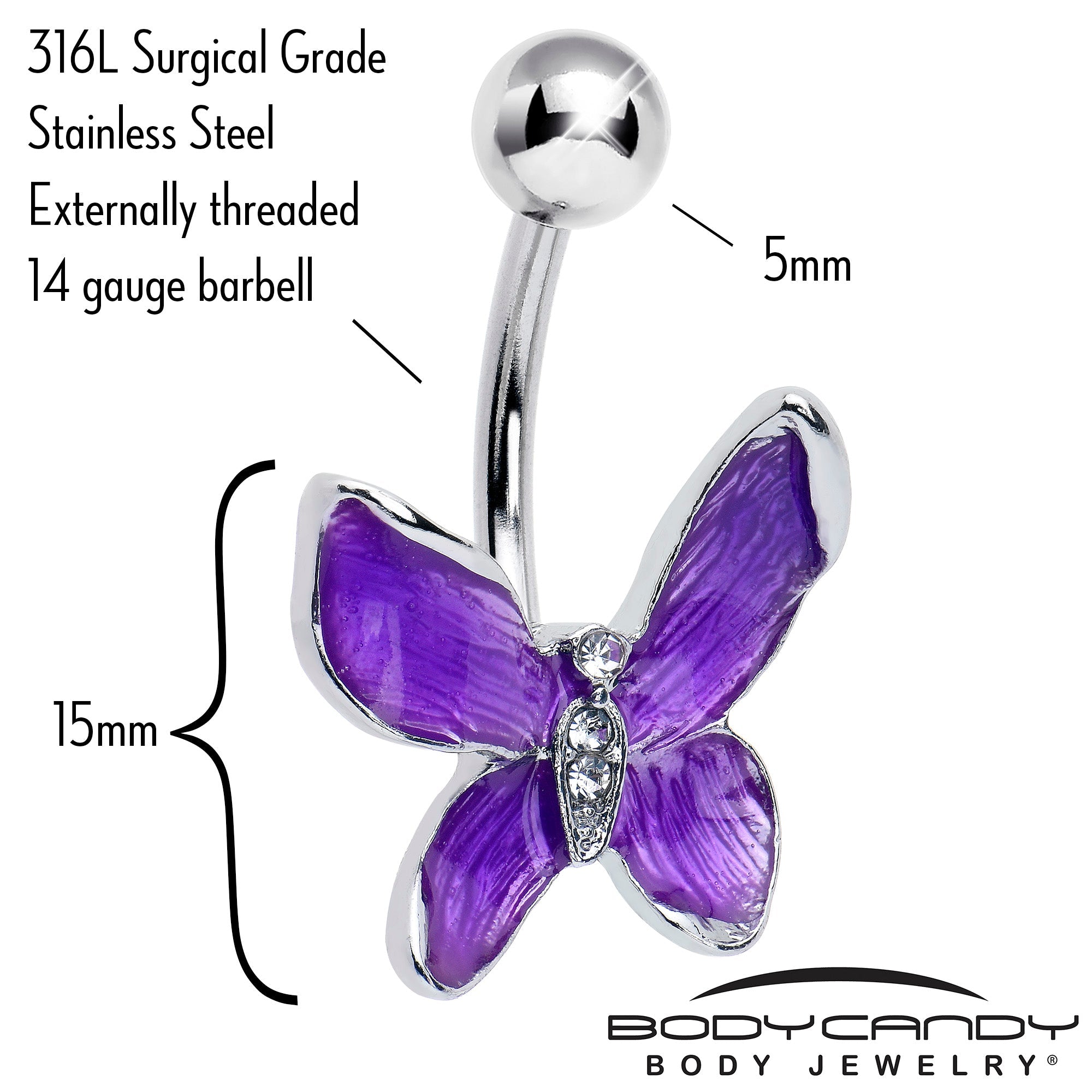 BodyCandy Clear Gem Chunky Butterfly Purple Belly Ring — detail close-up