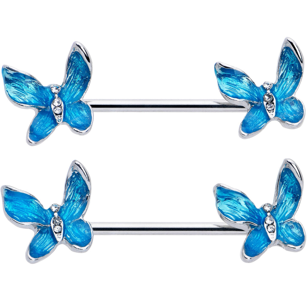 BodyCandy 14G 9/16 Clear Gem Chunky Butterfly Blue Barbell Nipple Ring Set — detail close-up