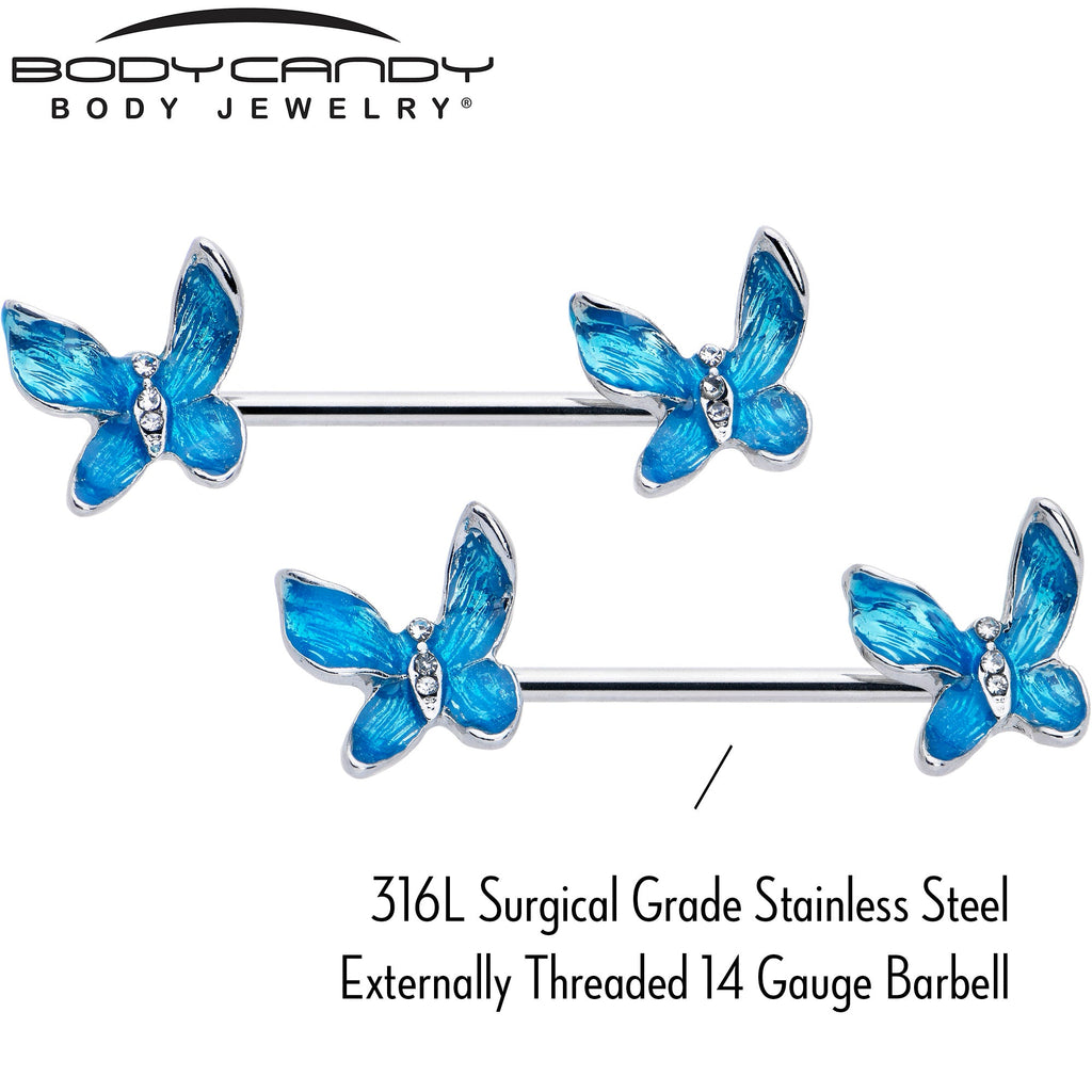 BodyCandy 14G 9/16 Clear Gem Chunky Butterfly Blue Barbell Nipple Ring Set — lifestyle context