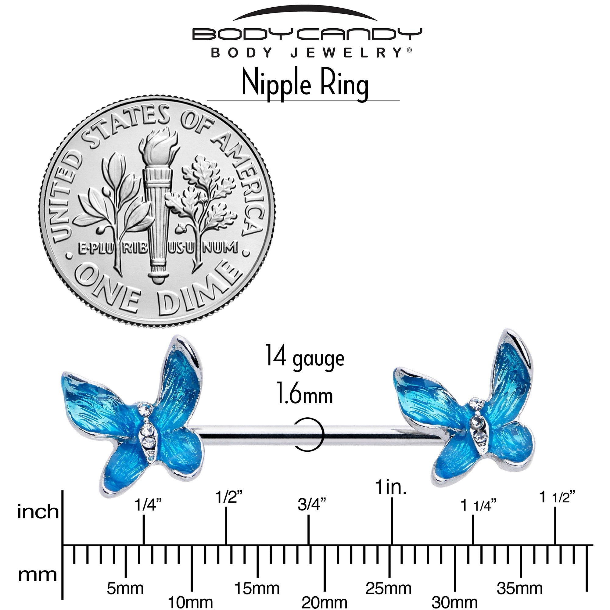 BodyCandy 14G 9/16 Clear Gem Chunky Butterfly Blue Barbell Nipple Ring Set — side view