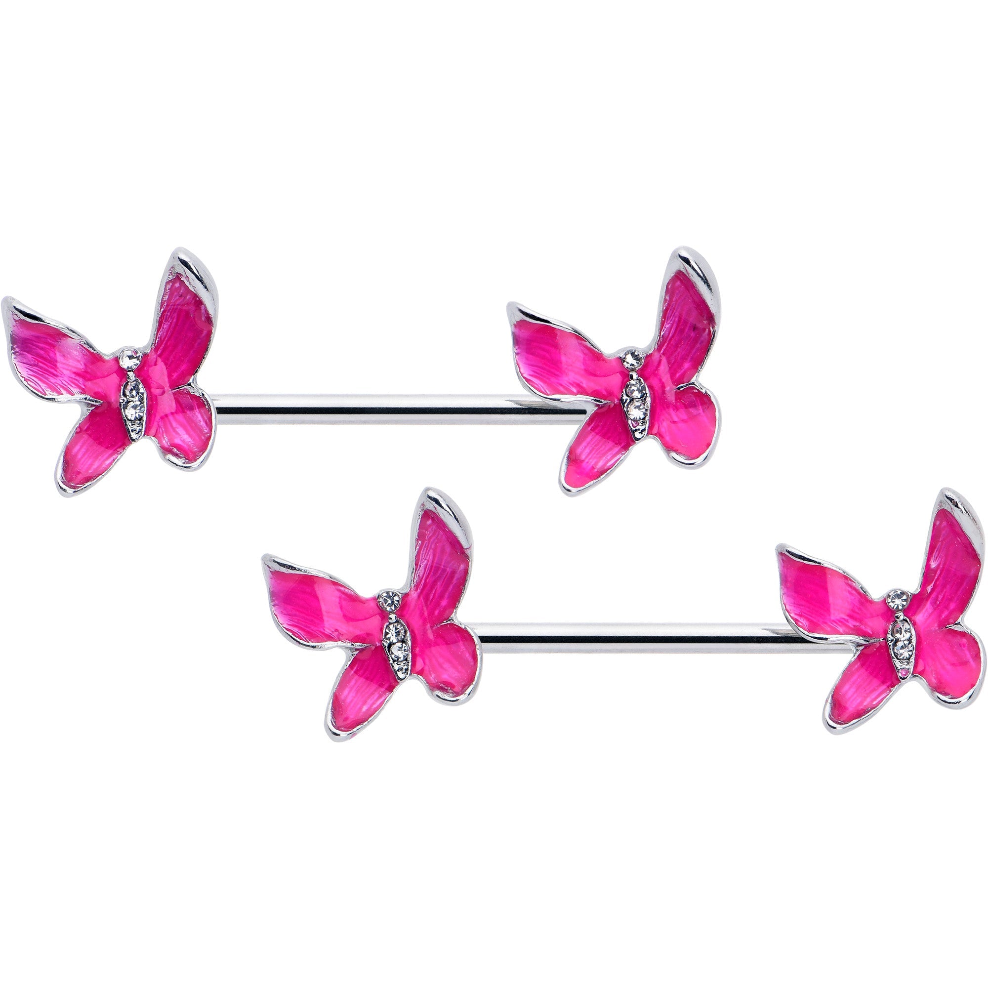 BodyCandy 14G 9/16 Clear Gem Chunky Butterfly Pink Barbell Nipple Ring Set — main product shot