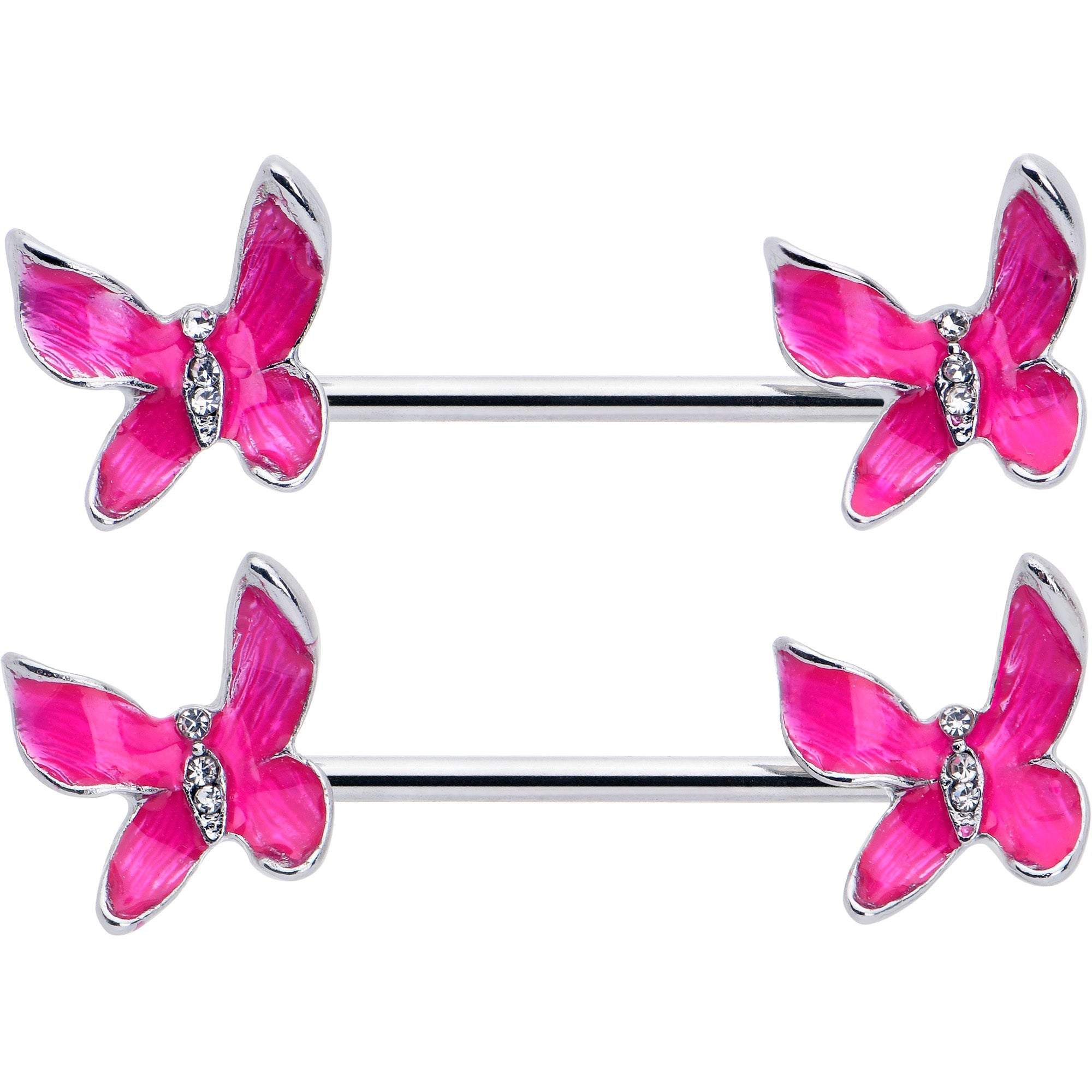 BodyCandy 14G 9/16 Clear Gem Chunky Butterfly Pink Barbell Nipple Ring Set — detail close-up