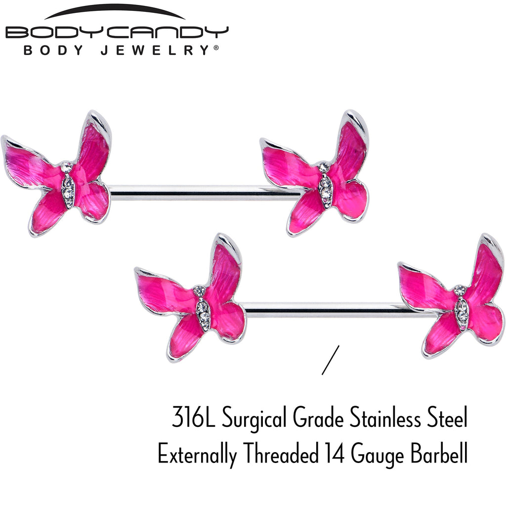BodyCandy 14G 9/16 Clear Gem Chunky Butterfly Pink Barbell Nipple Ring Set — lifestyle context