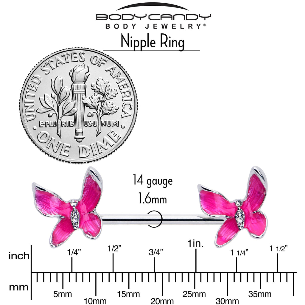 BodyCandy 14G 9/16 Clear Gem Chunky Butterfly Pink Barbell Nipple Ring Set — side view
