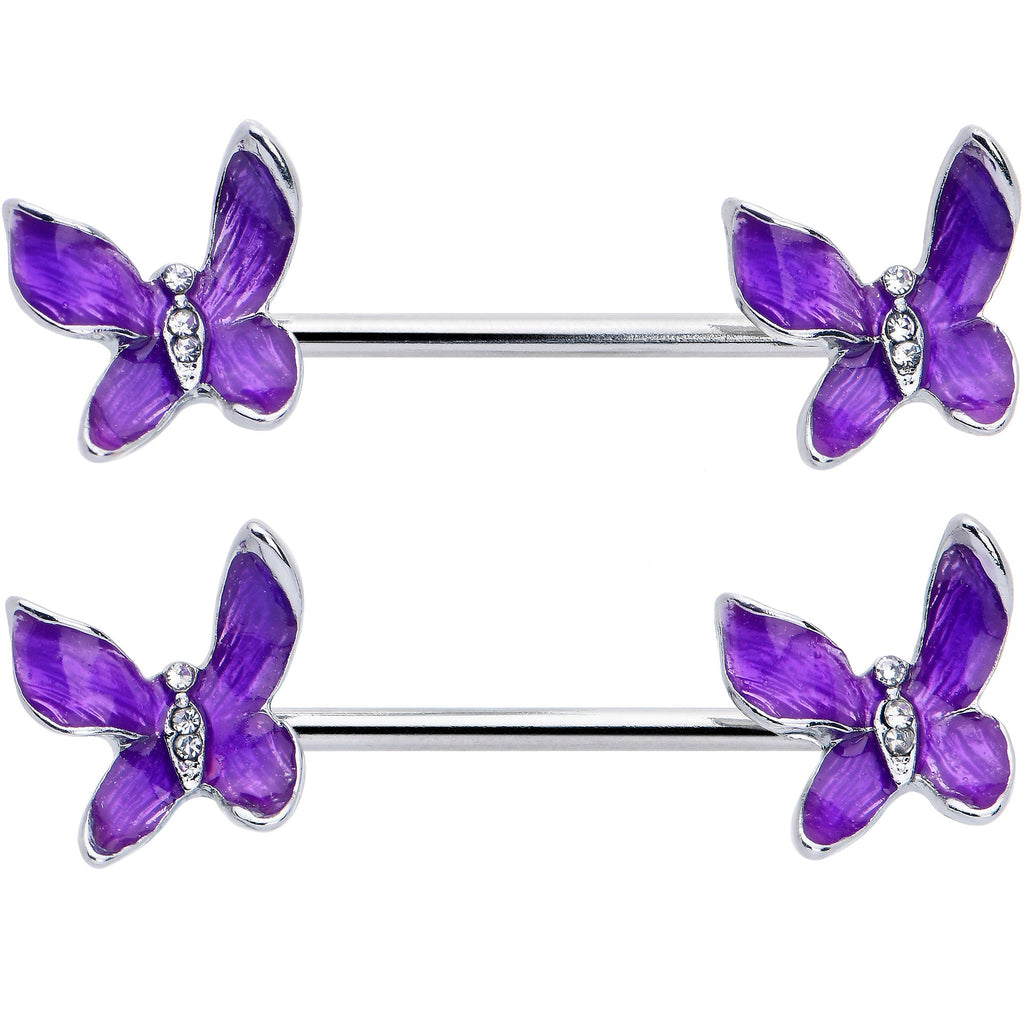 BodyCandy 14G 9/16 Clear Gem Chunky Butterfly Purple Barbell Nipple Ring Set — detail close-up