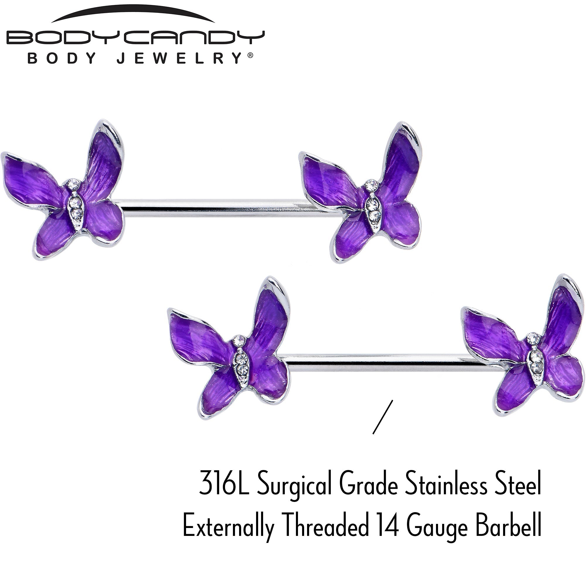 BodyCandy 14G 9/16 Clear Gem Chunky Butterfly Purple Barbell Nipple Ring Set — lifestyle context