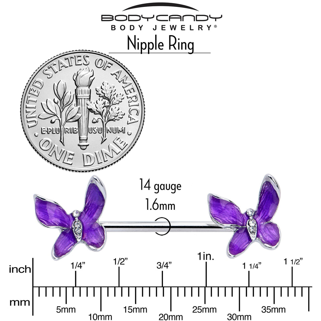 BodyCandy 14G 9/16 Clear Gem Chunky Butterfly Purple Barbell Nipple Ring Set — side view