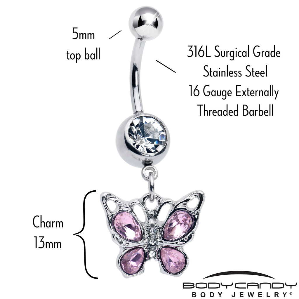 BodyCandy Pink Gem Butterfly Beauty Bling Dangle Belly Ring — detail close-up