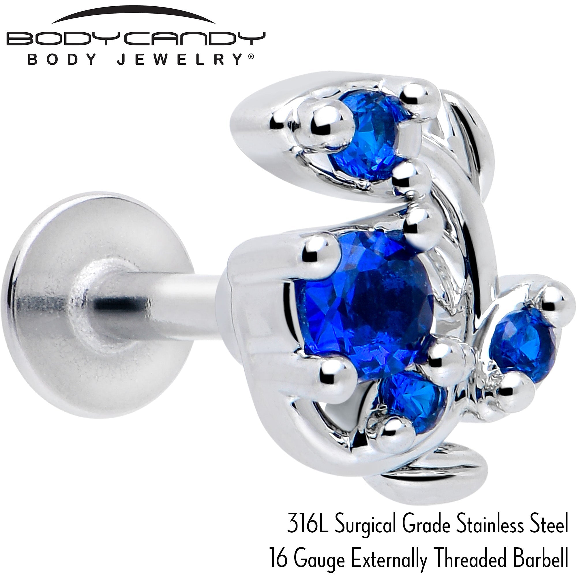 BodyCandy 16G 1/4 Blue Gem Twining Vine Flatback Stud — detail close-up