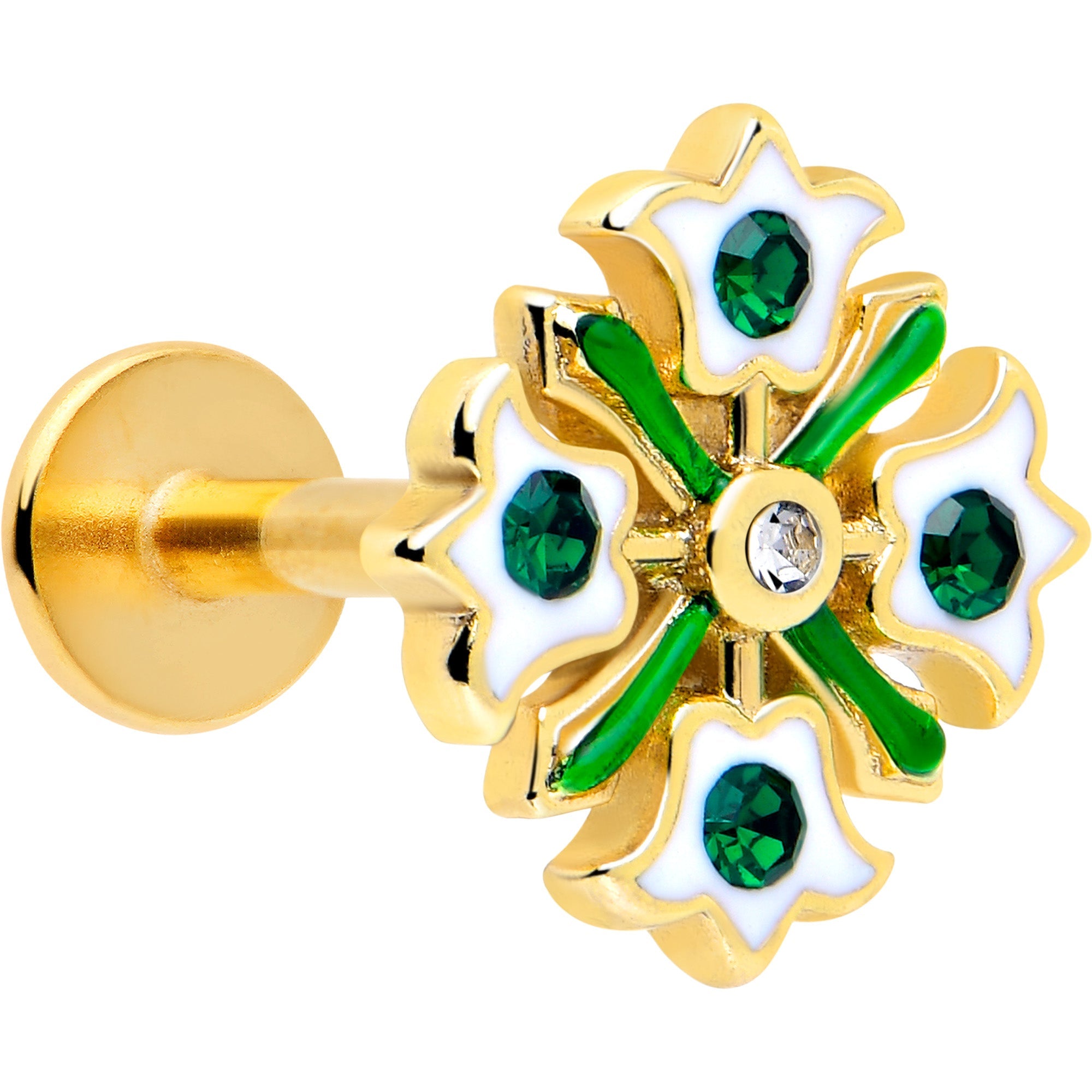 BodyCandy 16G 1/4 Green Gem Gold Tone Flower Wreath Flatback Stud — main product shot