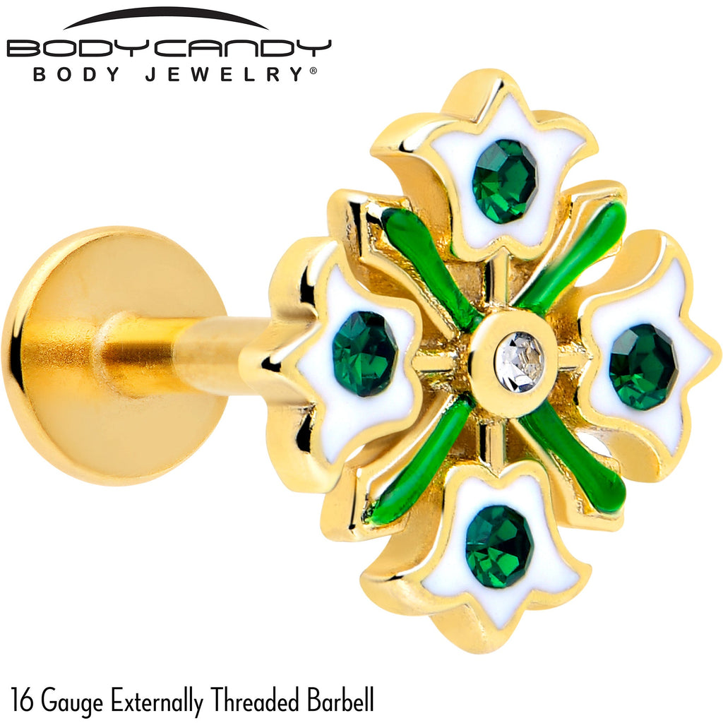 BodyCandy 16G 1/4 Green Gem Gold Tone Flower Wreath Flatback Stud — detail close-up