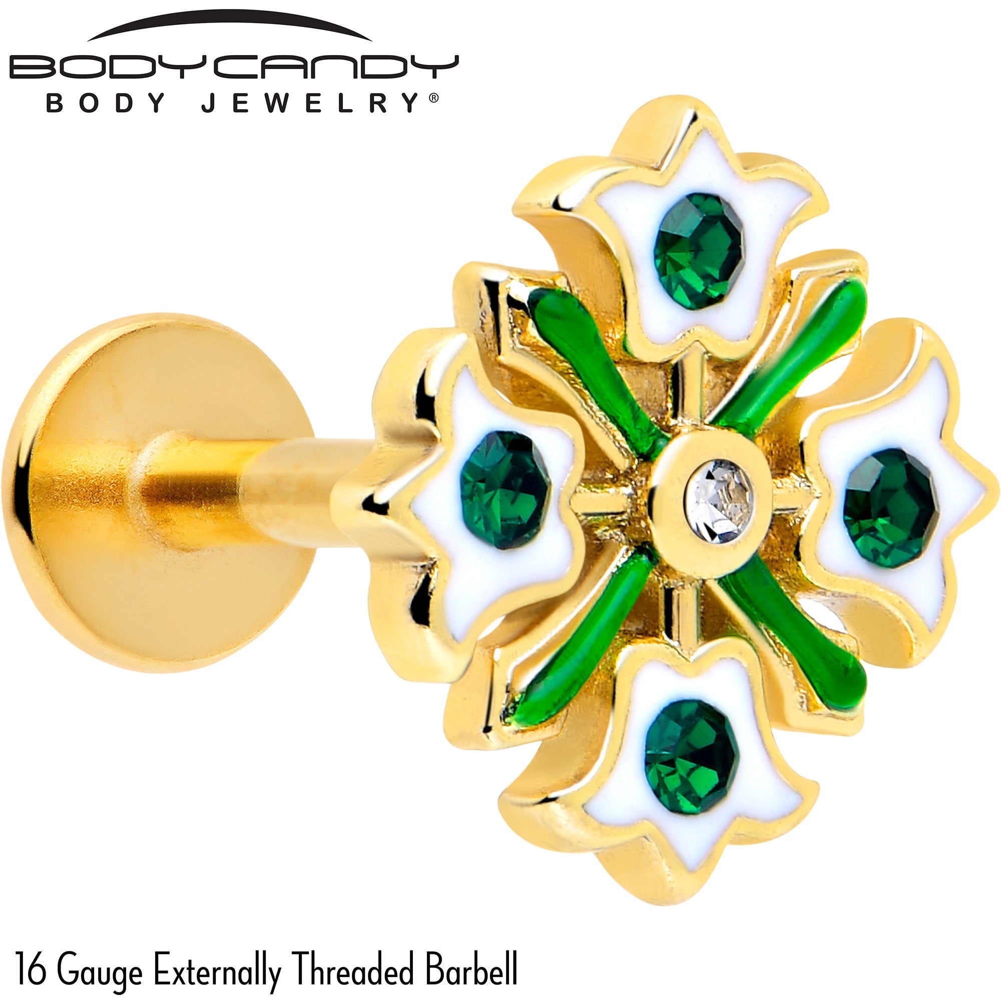 BodyCandy 16G 1/4 Green Gem Gold Tone Flower Wreath Flatback Stud — detail close-up
