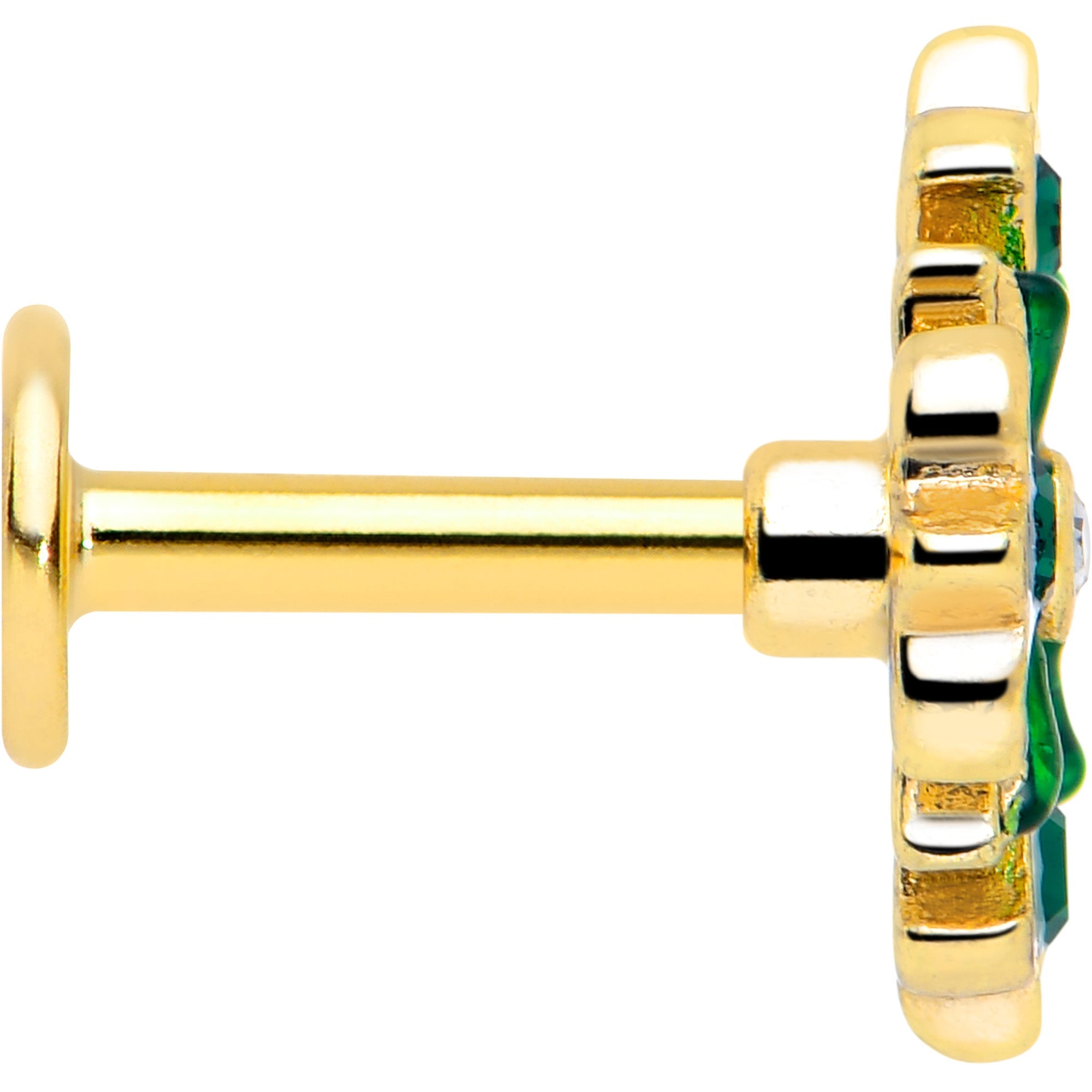 BodyCandy 16G 1/4 Green Gem Gold Tone Flower Wreath Flatback Stud — side view