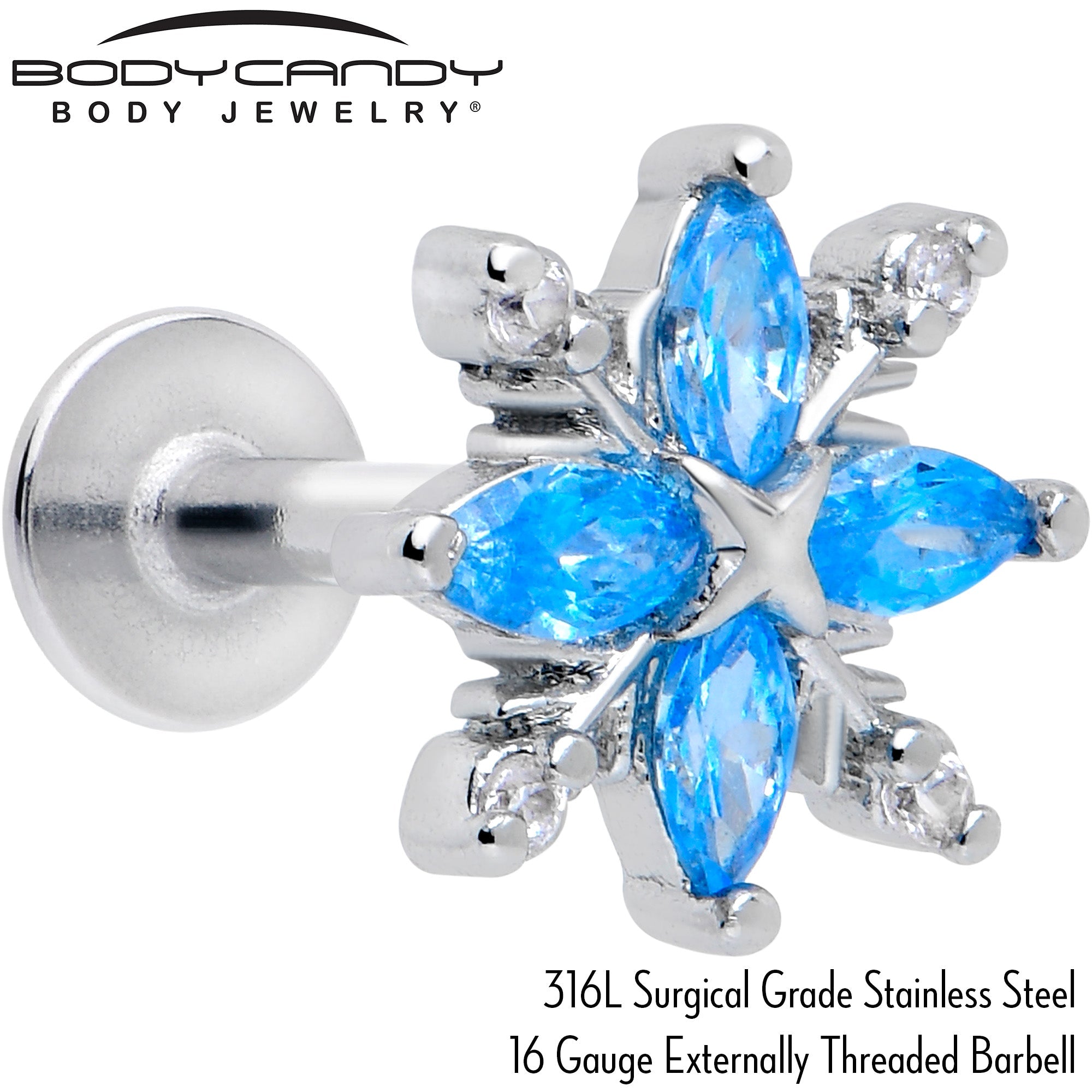 BodyCandy 16G 1/4 Blue CZ Gem Classic Flower Flatback Stud — detail close-up
