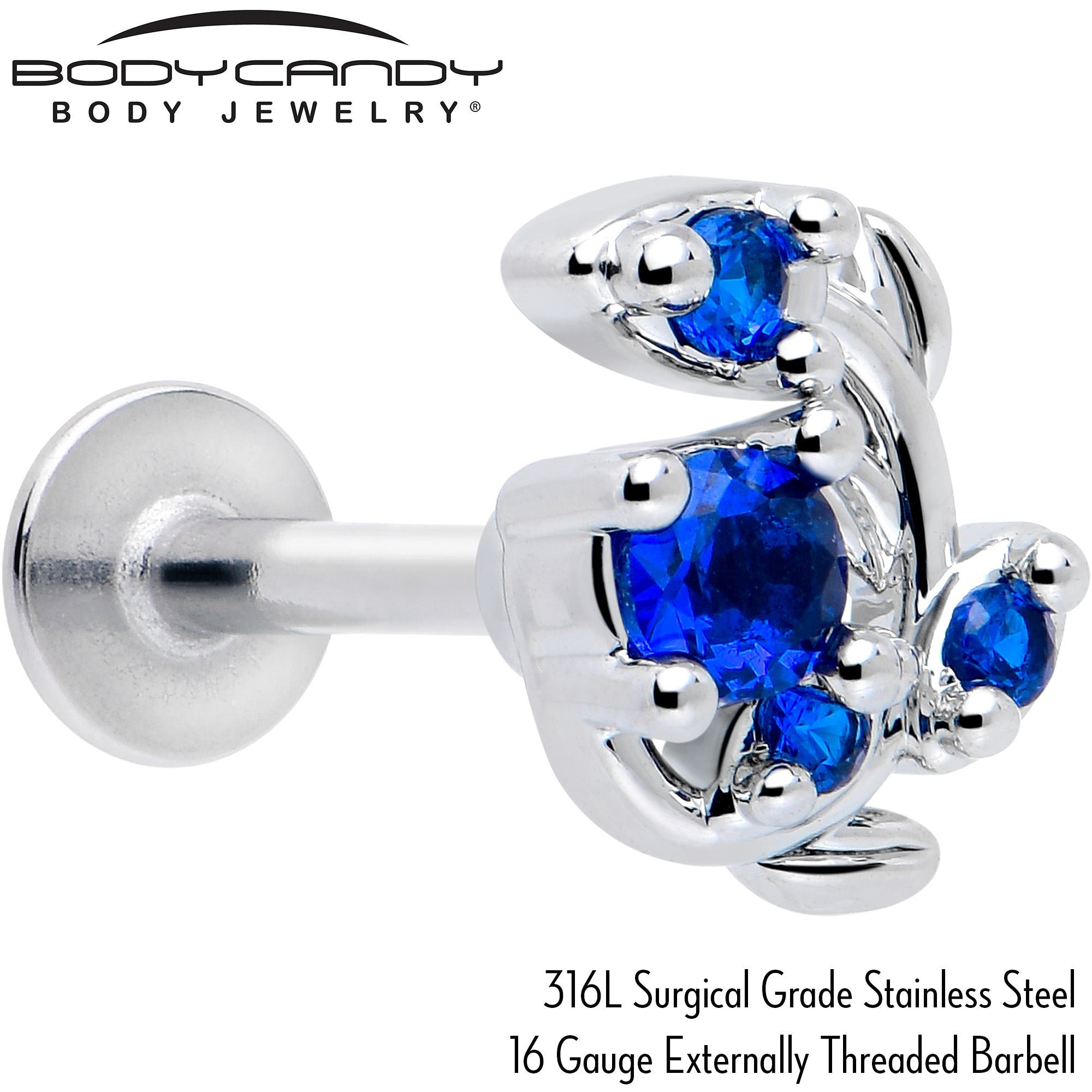 BodyCandy 16G 5/16 Blue Gem Twining Vine Flatback Stud — detail close-up