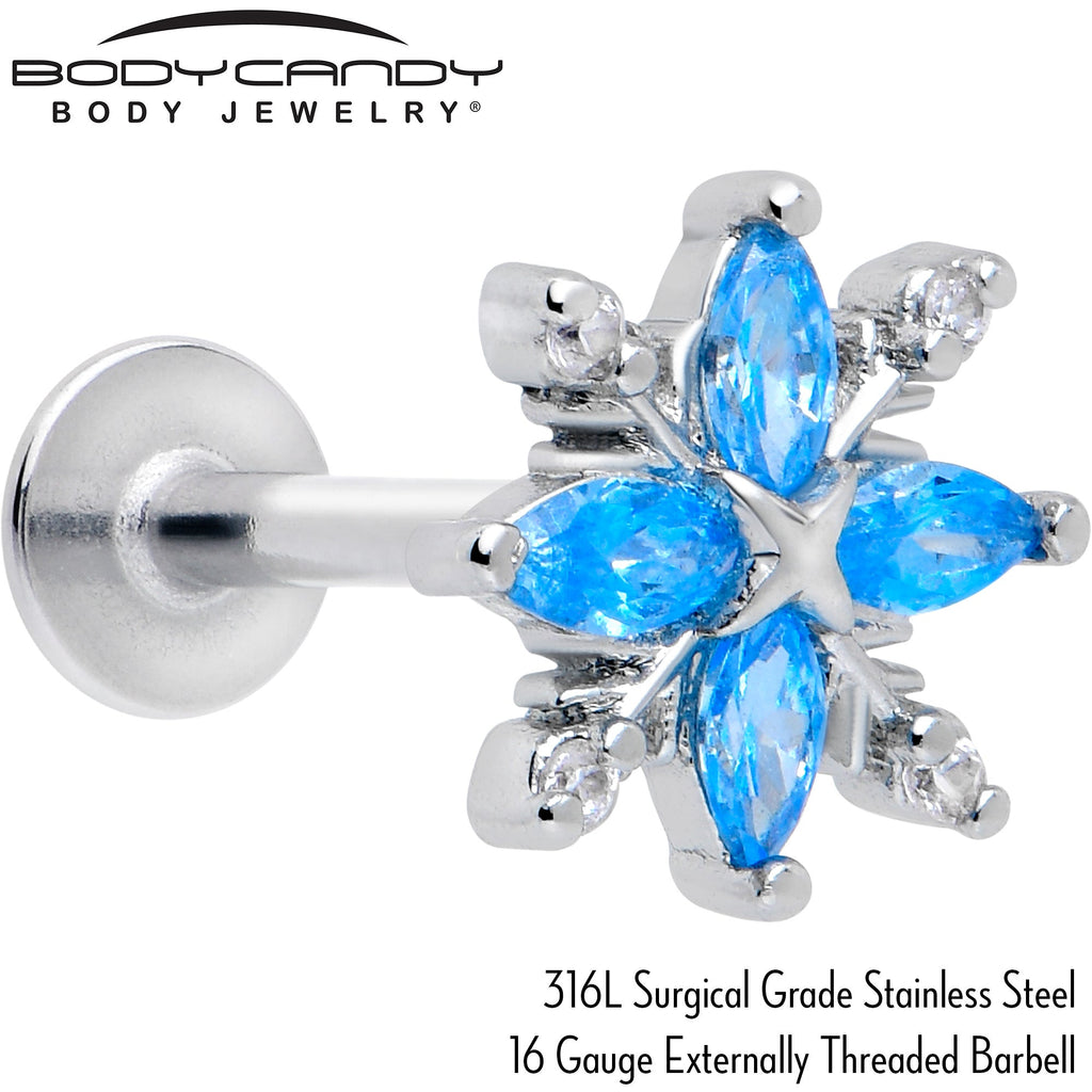 BodyCandy 16G 5/16 Blue CZ Gem Classic Flower Flatback Stud — detail close-up