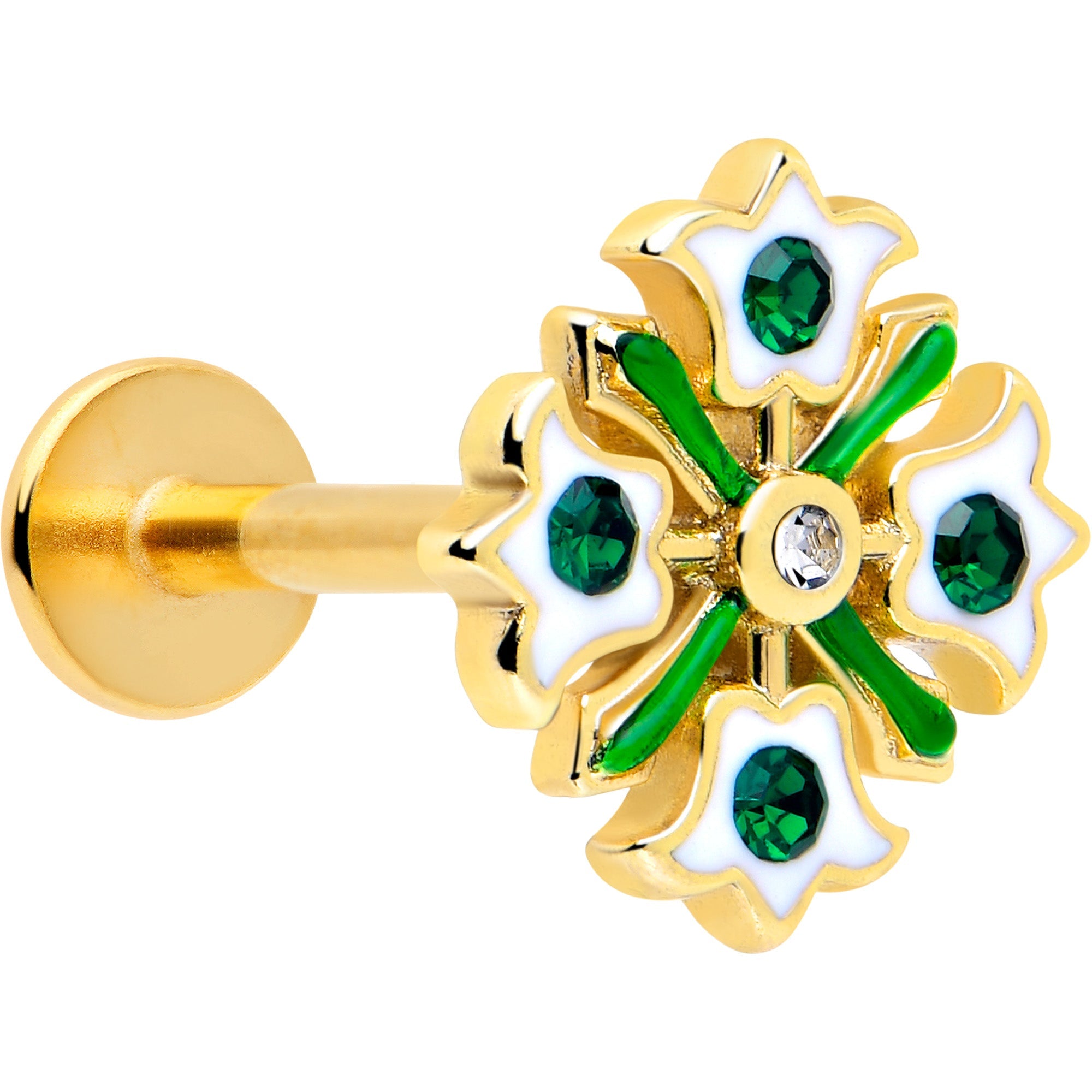 BodyCandy 16G 5/16 Green CZ Gem Gold Tone Flower Wreath Flatback Stud — main product shot