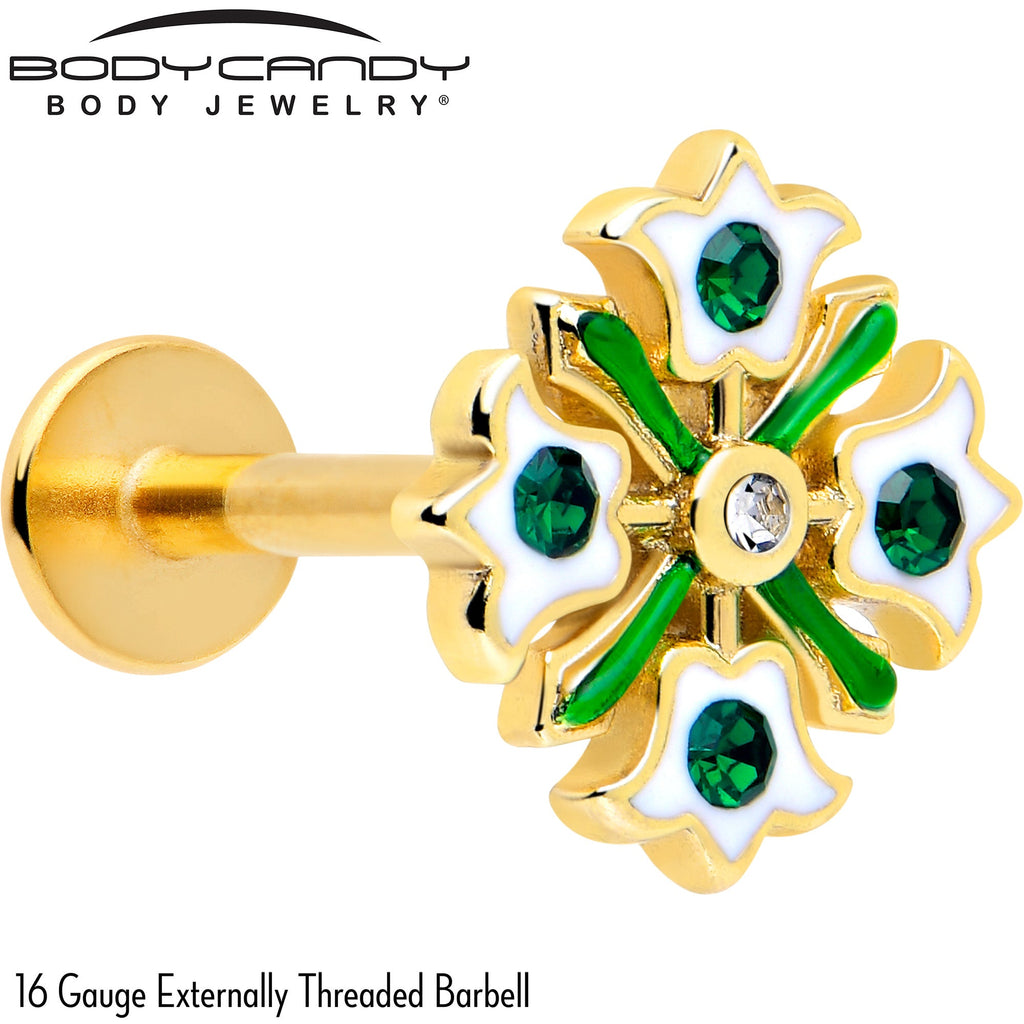 BodyCandy 16G 5/16 Green CZ Gem Gold Tone Flower Wreath Flatback Stud — detail close-up